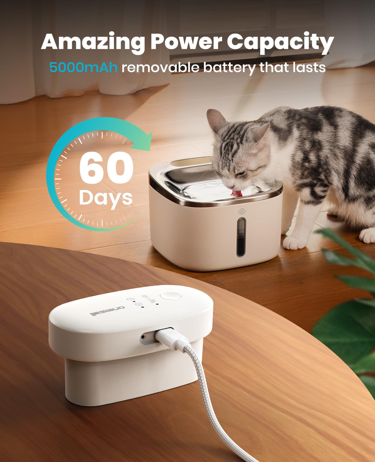 Oneisall Wireless Cat Water Fountain, 3.5L/118Oz Battery Operated Pet Drinking Fountains Stainless Steel For Cats Indoor, Cordle