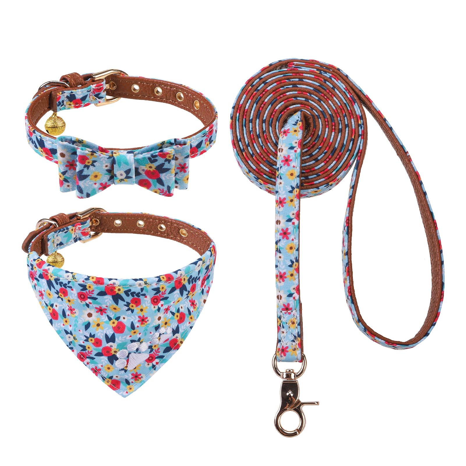 Expawlorer Puppy Collar And Leash Set - Embroidery Floral With Cute Flower Bow Tie, Bandana And Bell For Dogs Cats Outdoor Walki