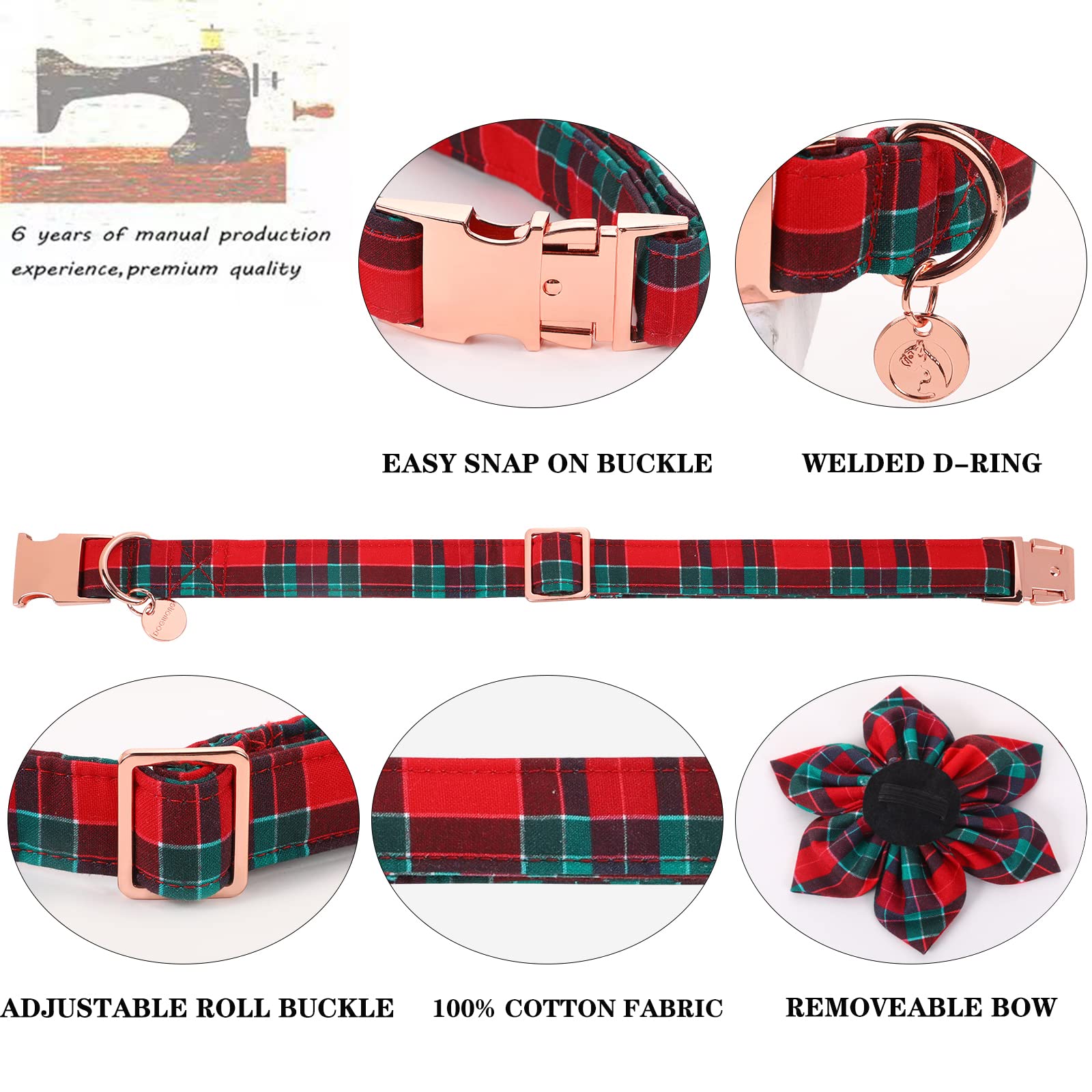 Dogwong Christmas Dog Collar With Flower, Red Plaid Dog Collar Soft Durable Adjustable Cotton Red Green Tartan Puppy Collar For Small Medium Large Dog
