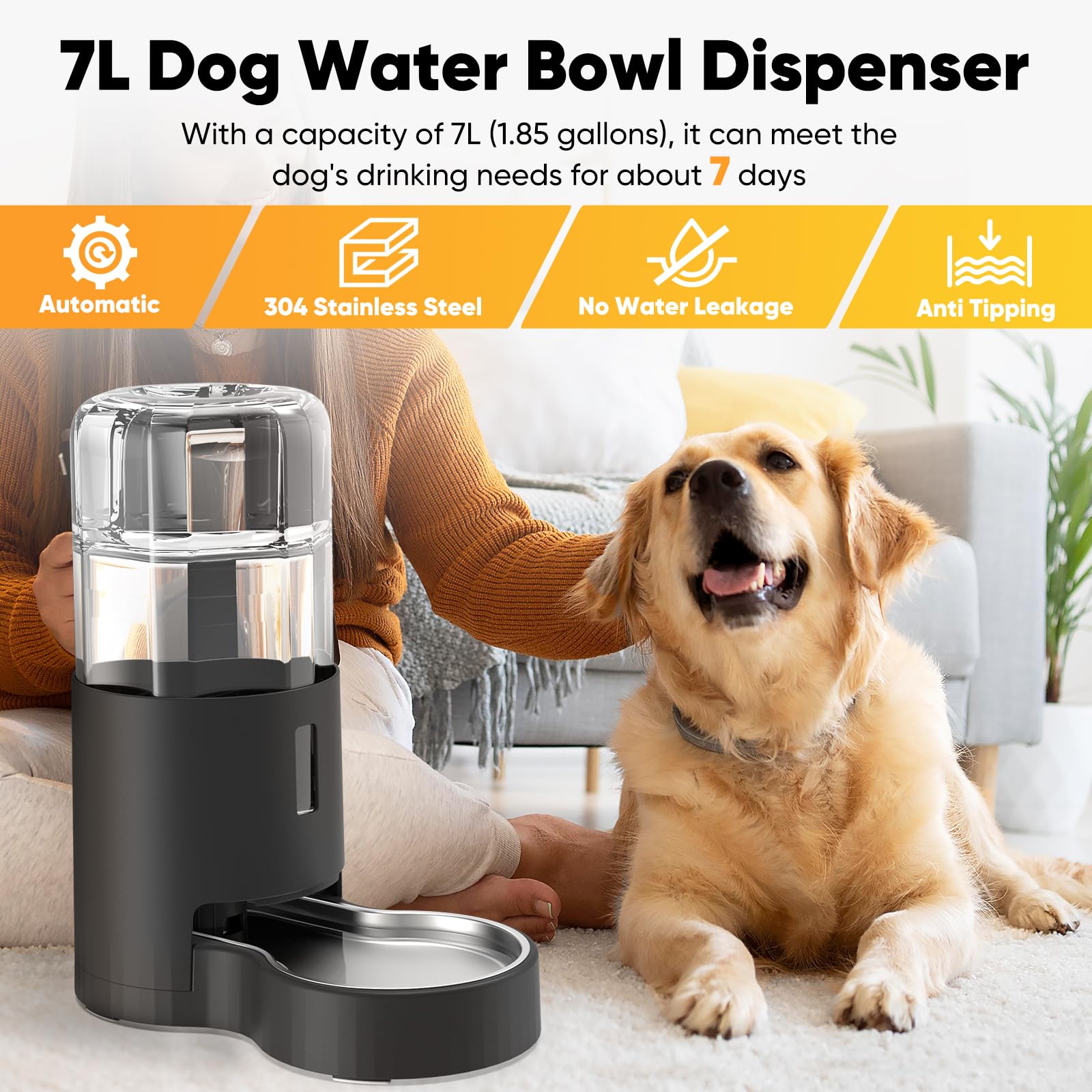 7L Automatic Dog Water Dispenser Bowl, Gravity Pet Water Dispenser With Stainless Steel Bowl, No Spilling Large Capacity Water F