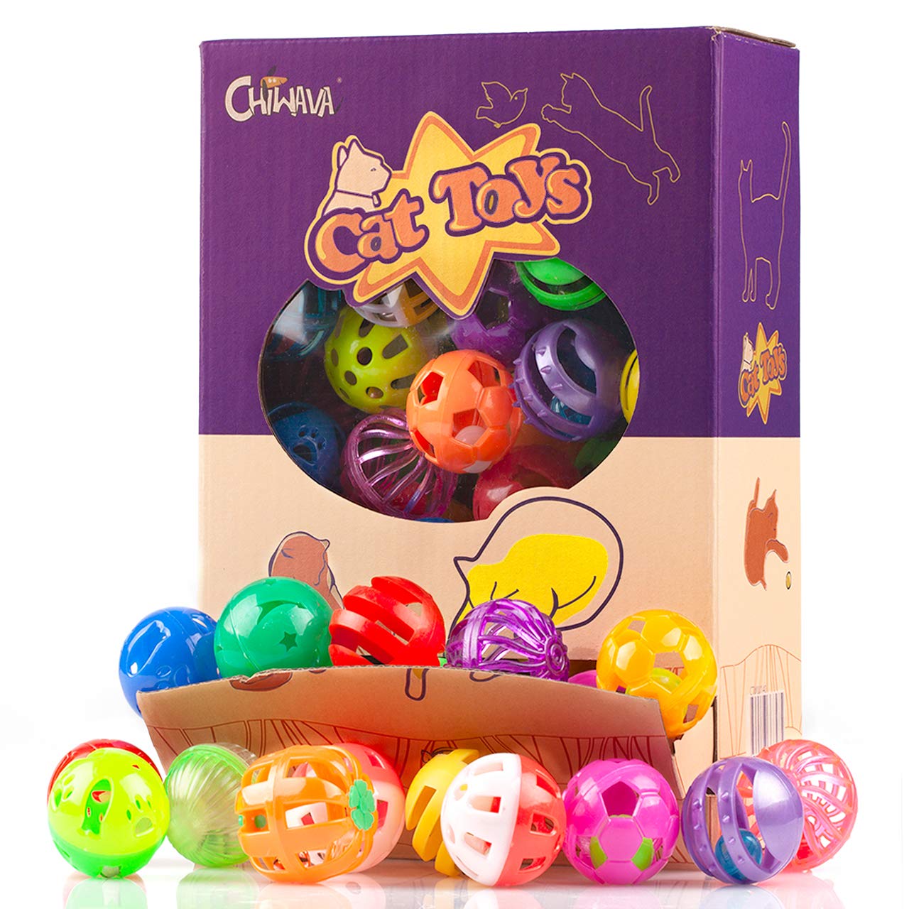 Chiwava 48 Pack Plastic Noisy Cat Toy Balls With Bell Kitten Chases Toy 8 Type Assorted Color Size