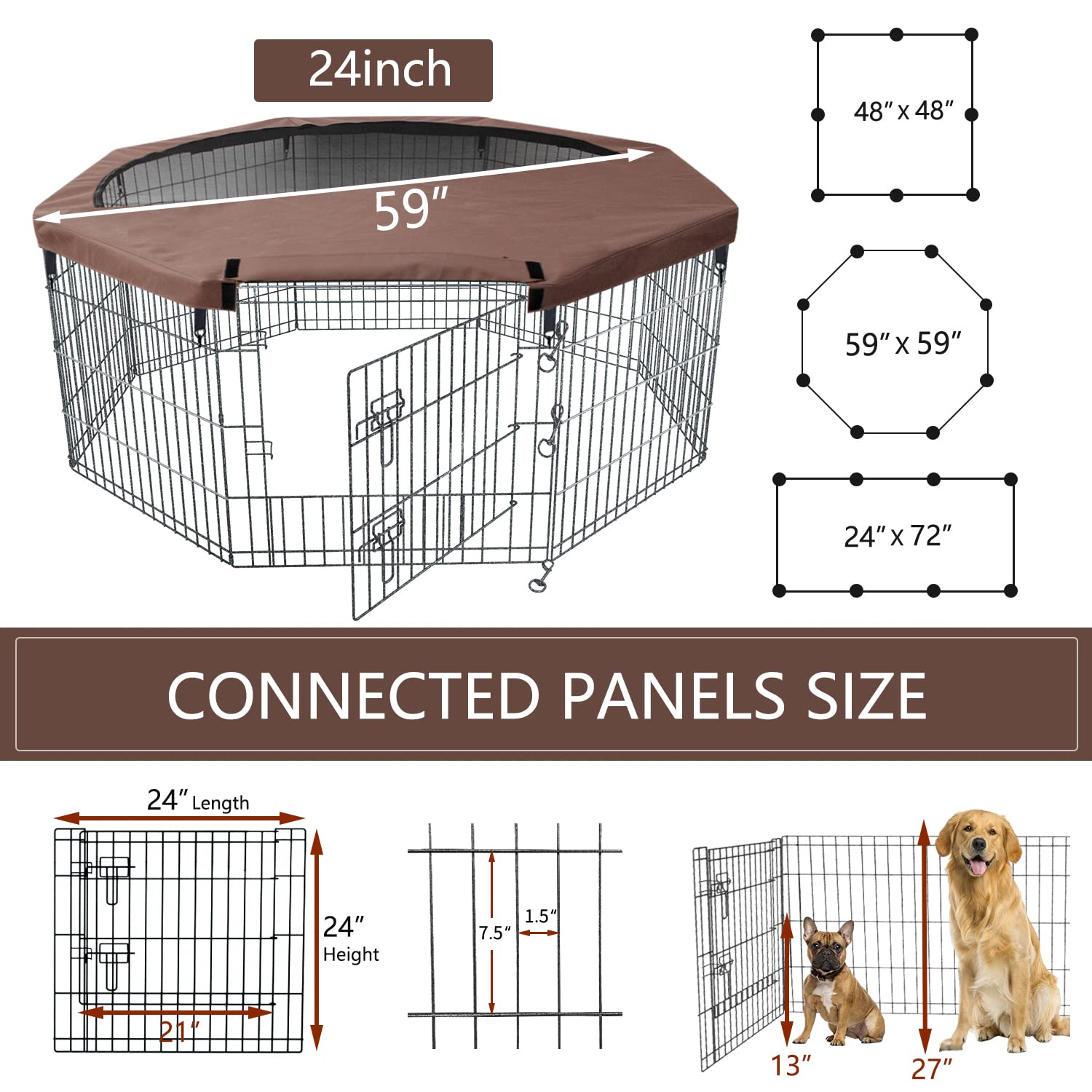 Nezuc Foldable Metal Dog Exercise Playpen Gate Fence Dog Crate 8 Panels 24 Inch Height Puppy Kennels With Top Cover For Animals