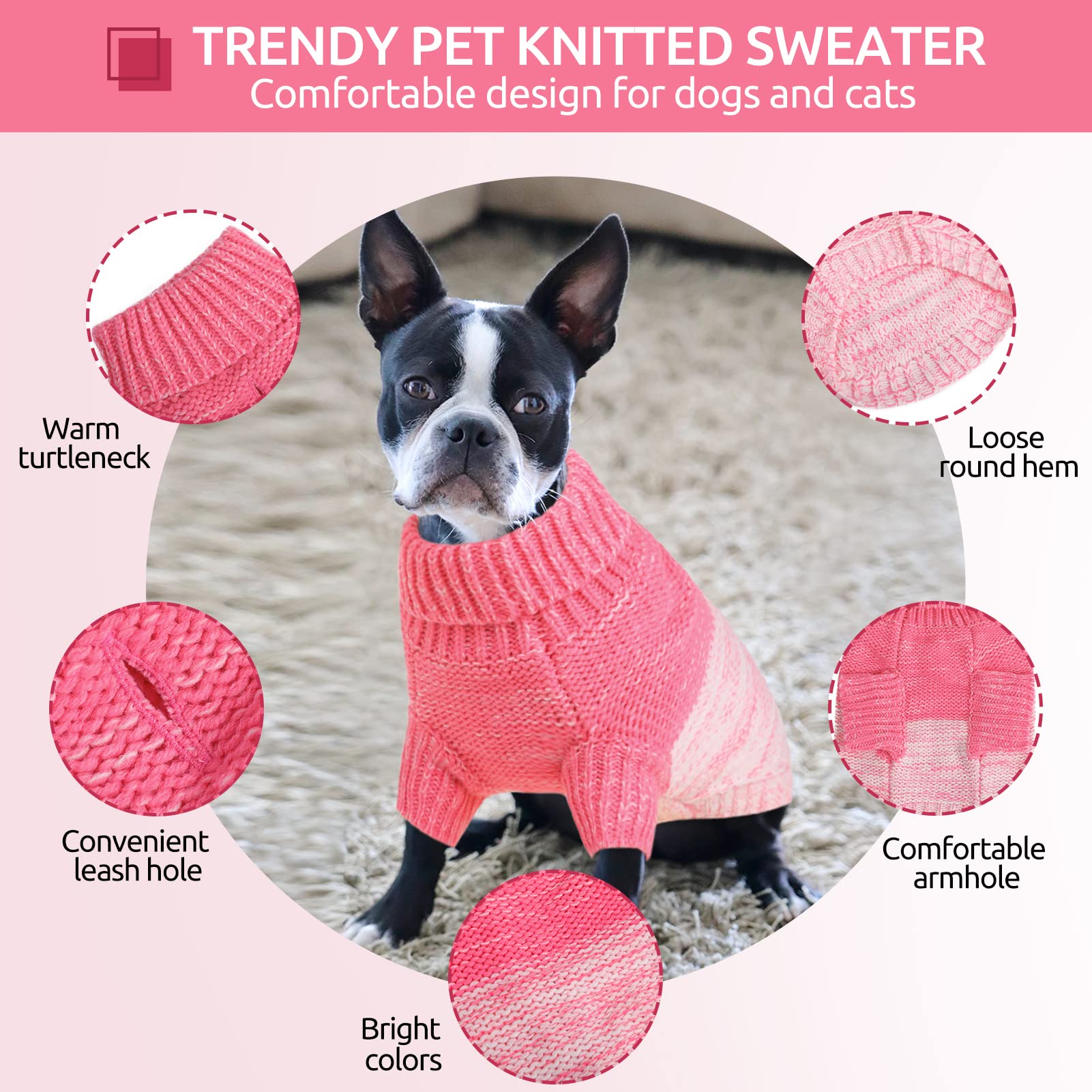 Queenmore Knitted Pullover Dog Sweater, Turtleneck Pet Cat Sweater, Valentines Day Gifts Cold Weather Puppy Sweater Stitching Knitwear With Leash Hole For Small Medium Dogs