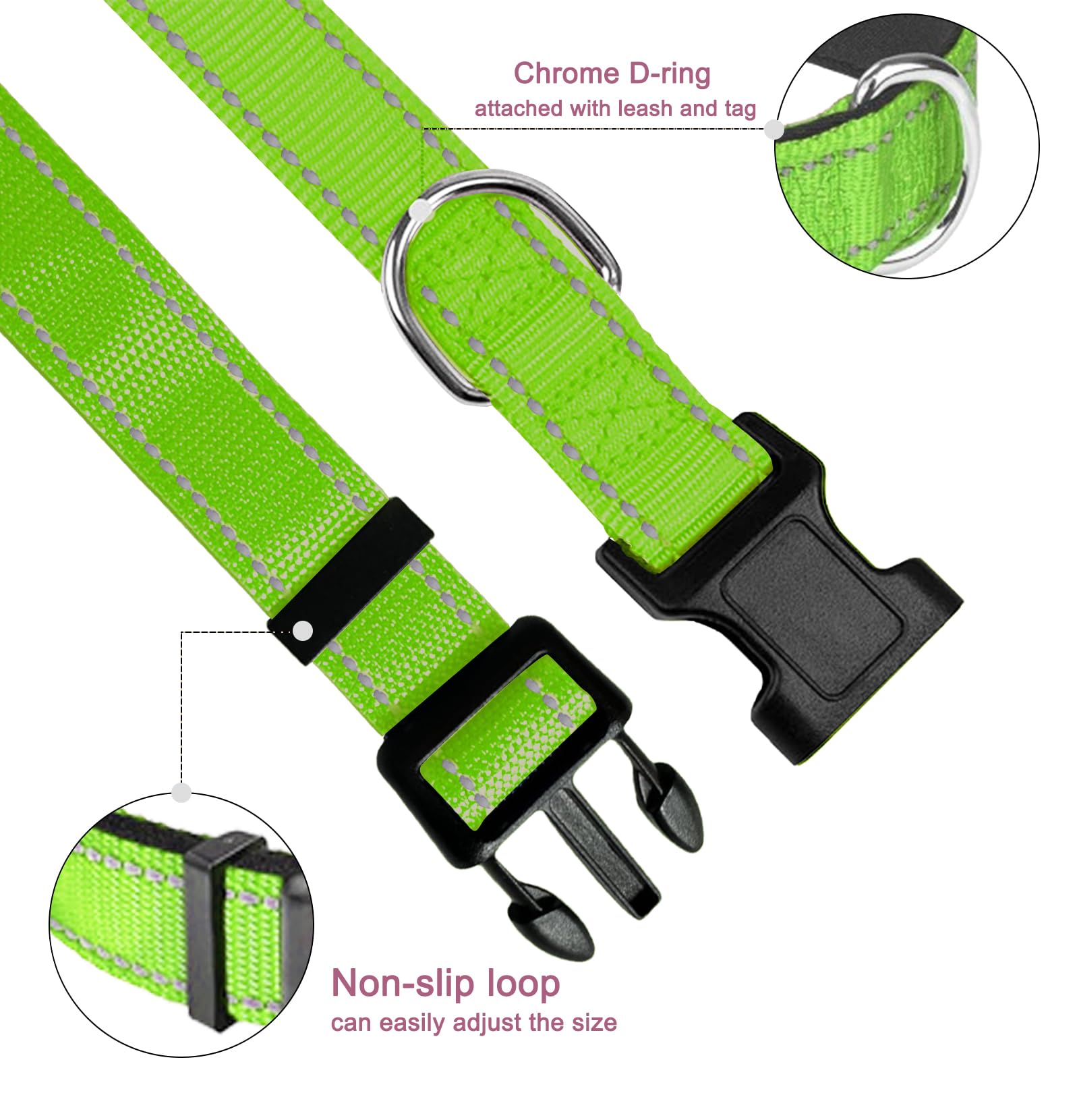 Green Dog Collar, Reflective Pet Collar with Buckle Adjustable Safety Nylon Collars for Small Medium Large Dogs, XXL