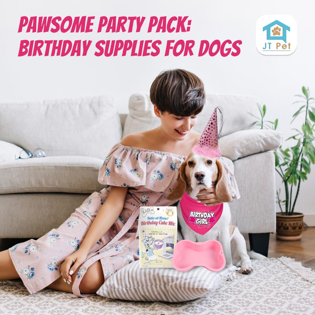 Jt Pet Dog Birthday Girl Party Pack With Bandana, Star Spangled Party Hat With Adjustable Elastic, Tassels And Feathery Trim, Bi