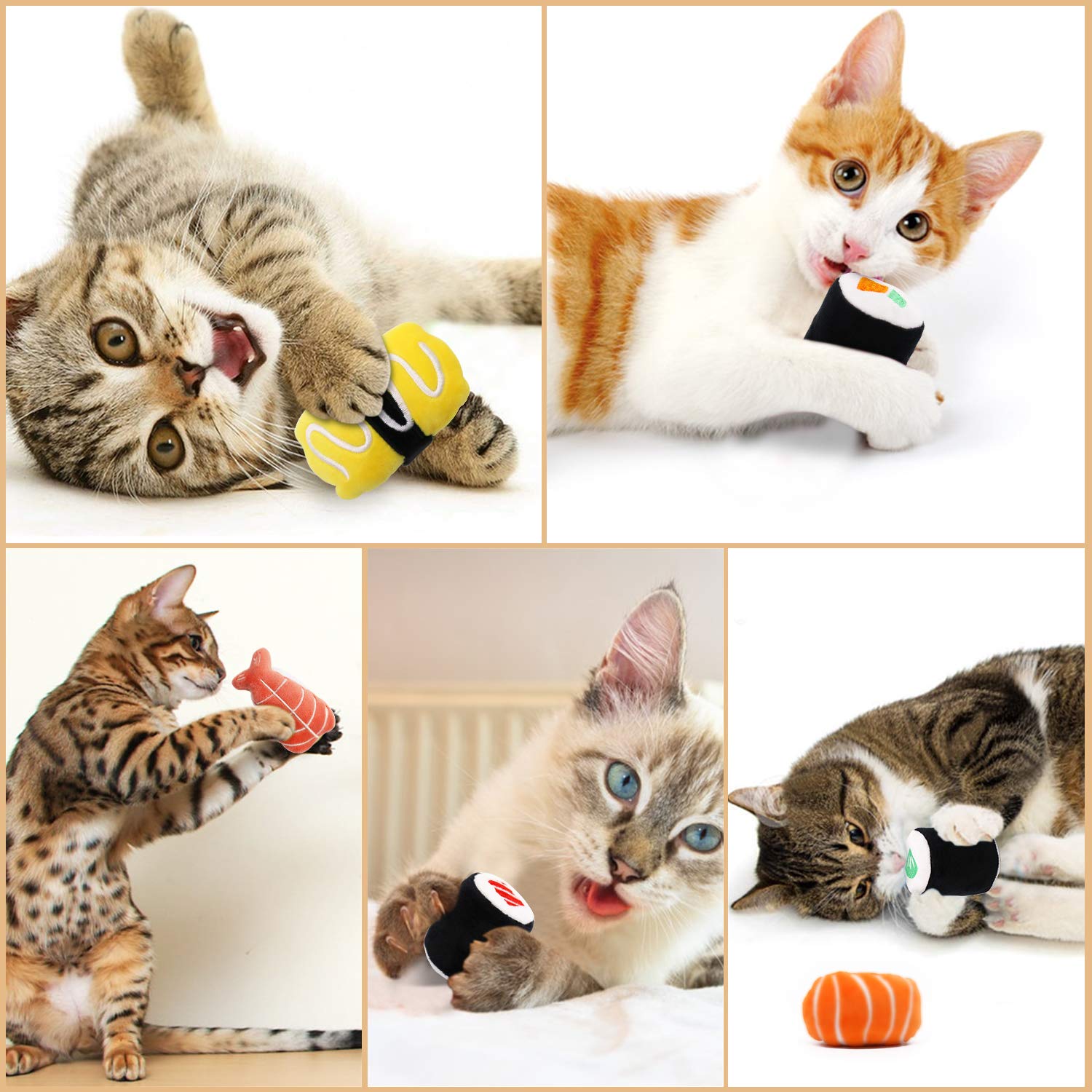 CiyvoLyeen 6 Pack Sushi Cat Toys with Catnip Sushi Roll Pillow Kitten Chew Bite Supplies Boredom Relief Fluffy Kitty Teeth Clean
