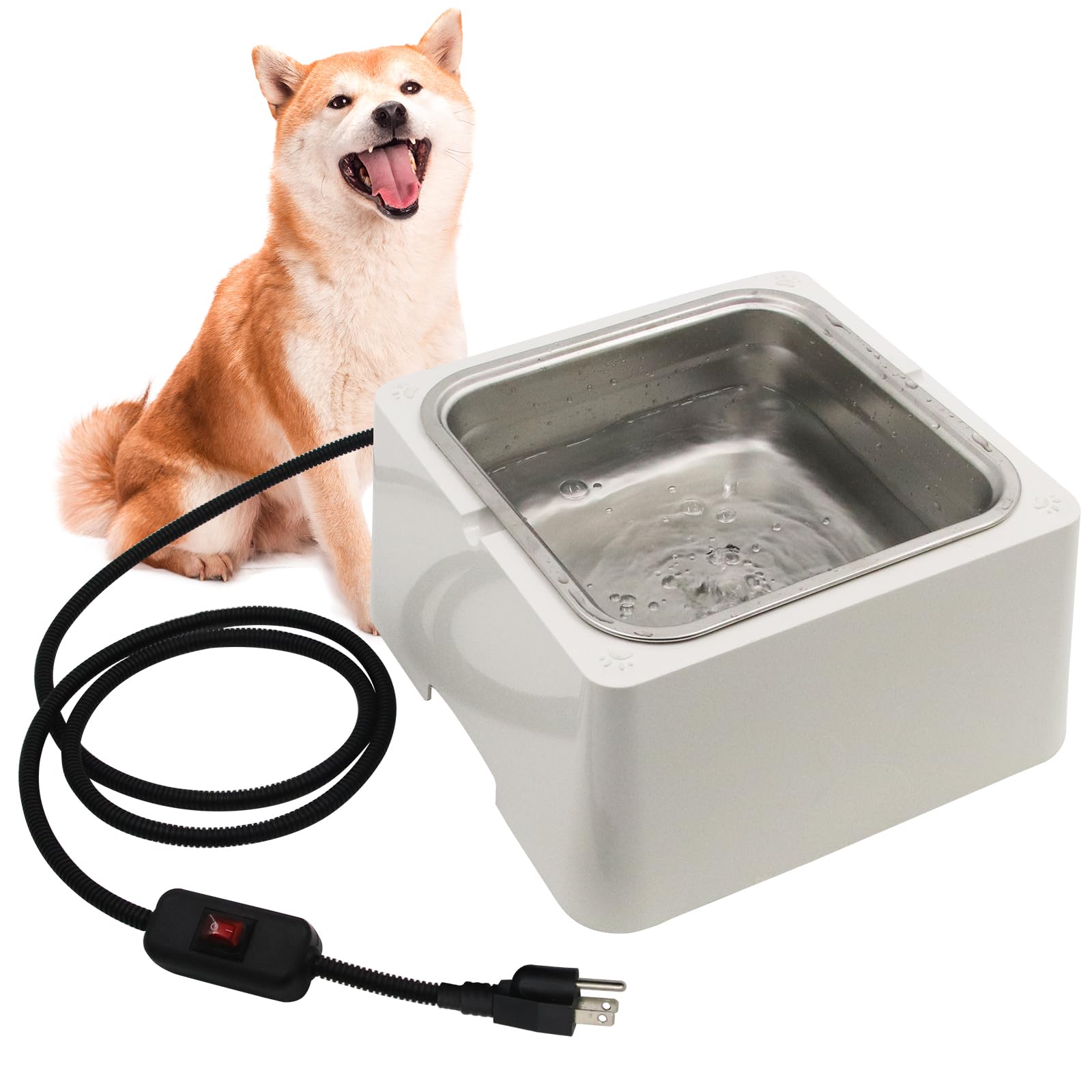 Lucky Farm Heated Water Bowl For Dog & Cat Removable 110Oz/0.85 Gal Stainless Bowl Outdoor Pet Water Dish 100W Electric Powered 