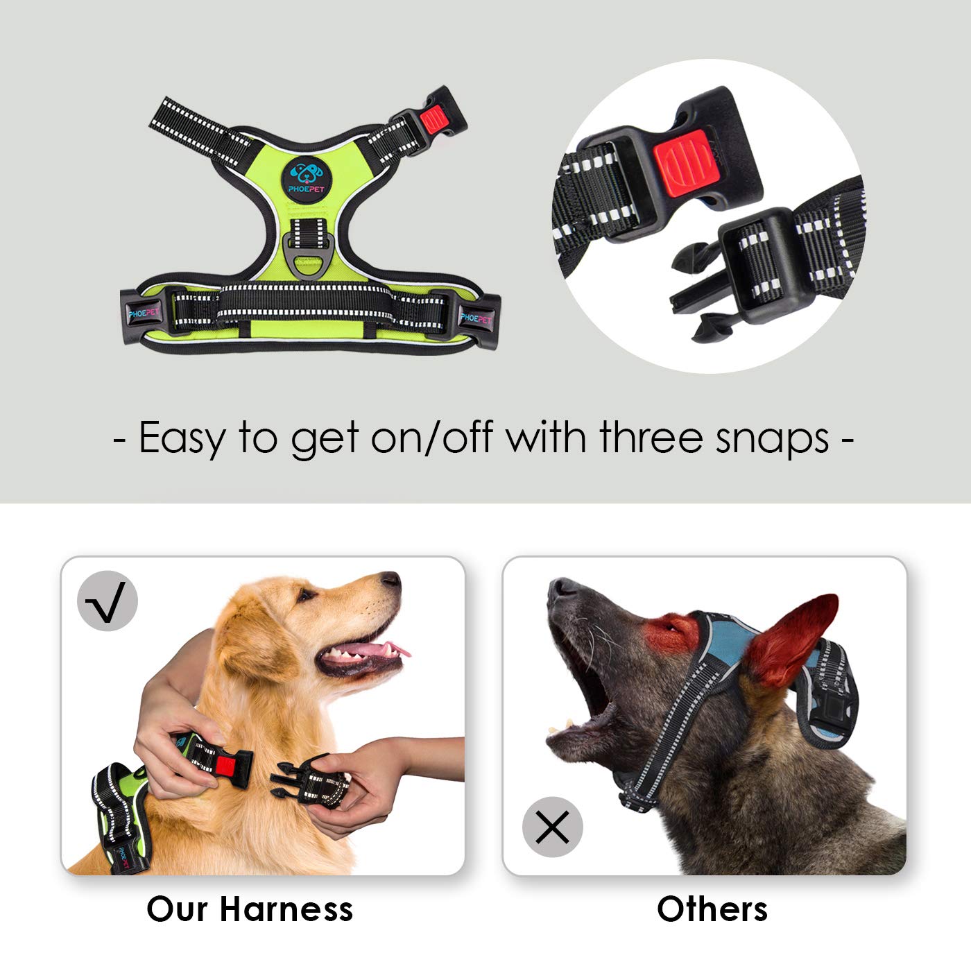 Phoepet No Pull Dog Harnesses For Small Dogs Reflective Adjustable Front Clip Vest With Handle 2 Metal Rings 3 Buckles [Easy To Put On & Take Off](S, Green)