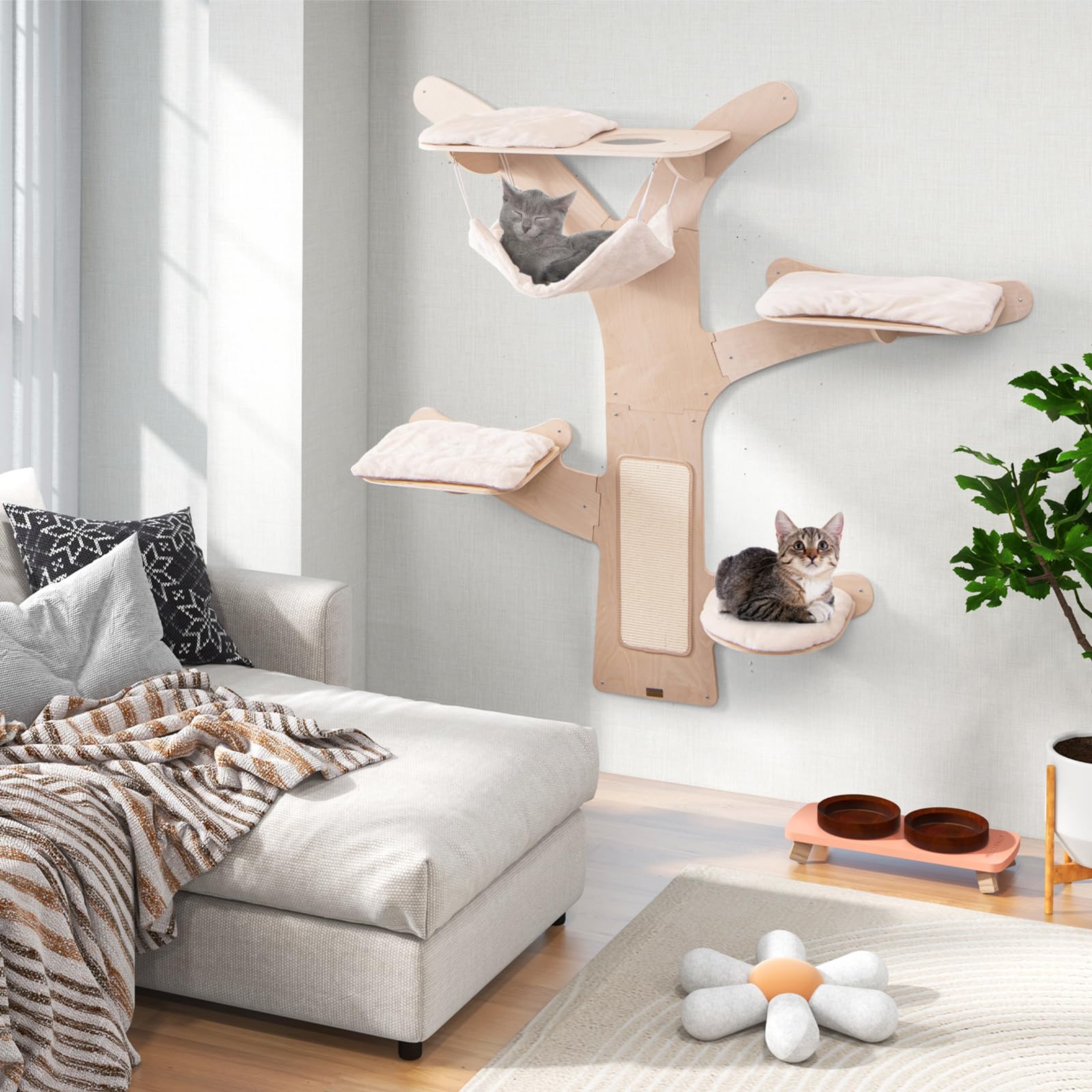 Tangkula Cat Wall Shelves, Wall Mounted Cat Tree Furniture with 4 Padded Platforms, Hammock, Sisal Scratching Mat, Removable & W