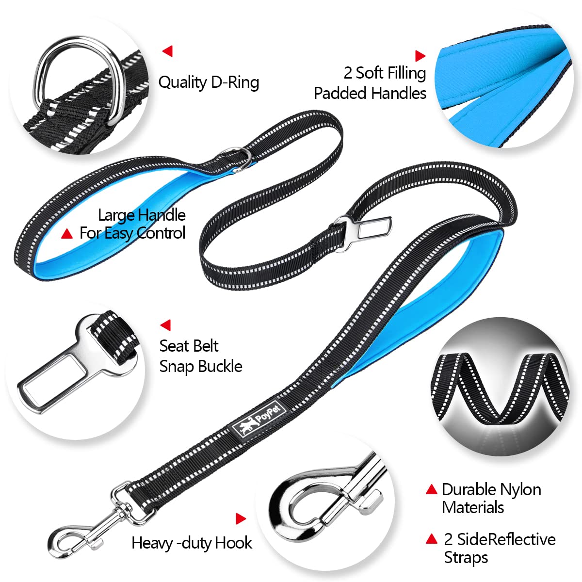 Poypet 5 Feet Dog Leash - 3M Reflective - 2 Cushioned Handles - Functional Car Seat Belt(Blue)