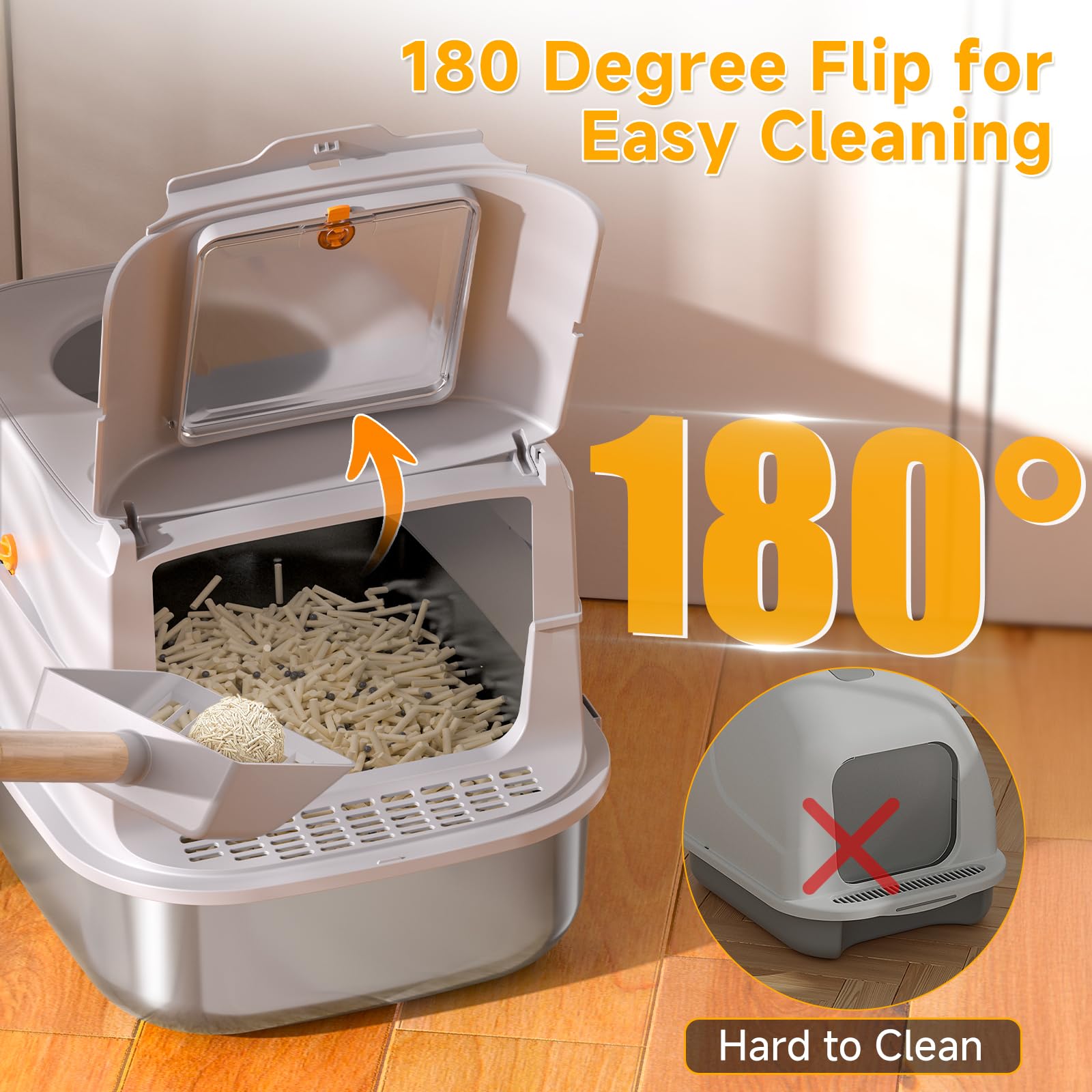 PIRAIL XL Grey Stainless Steel Cat Litter Box with Lid, Enclosed Top Entry, Non-Sticky, Anti-Leakage, High Sided & Scoop