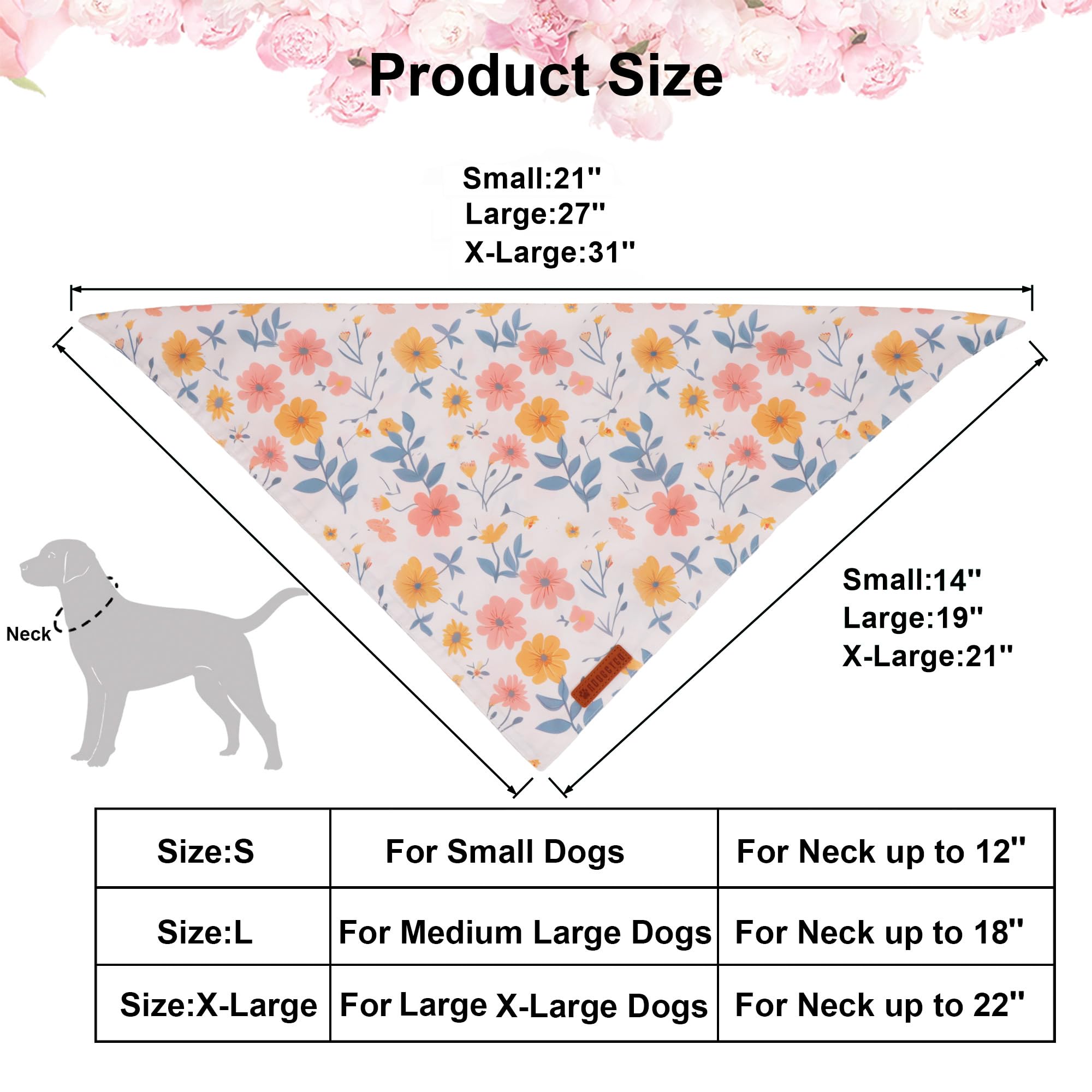 Adoggygo Floral Dog Bandanas 2 Pack, Triangle Reversible Pink White Flower Dog Scarf, Premium Durable Fabric, Pet Floral Bandana