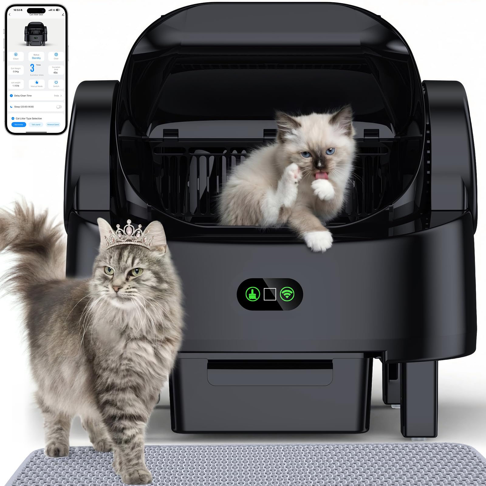 Automatic Cat Litter Box, Electric Large Open-Top Self Cleaning Litter Box for Multiple Cats, Smart APP Control, Multiple Safety
