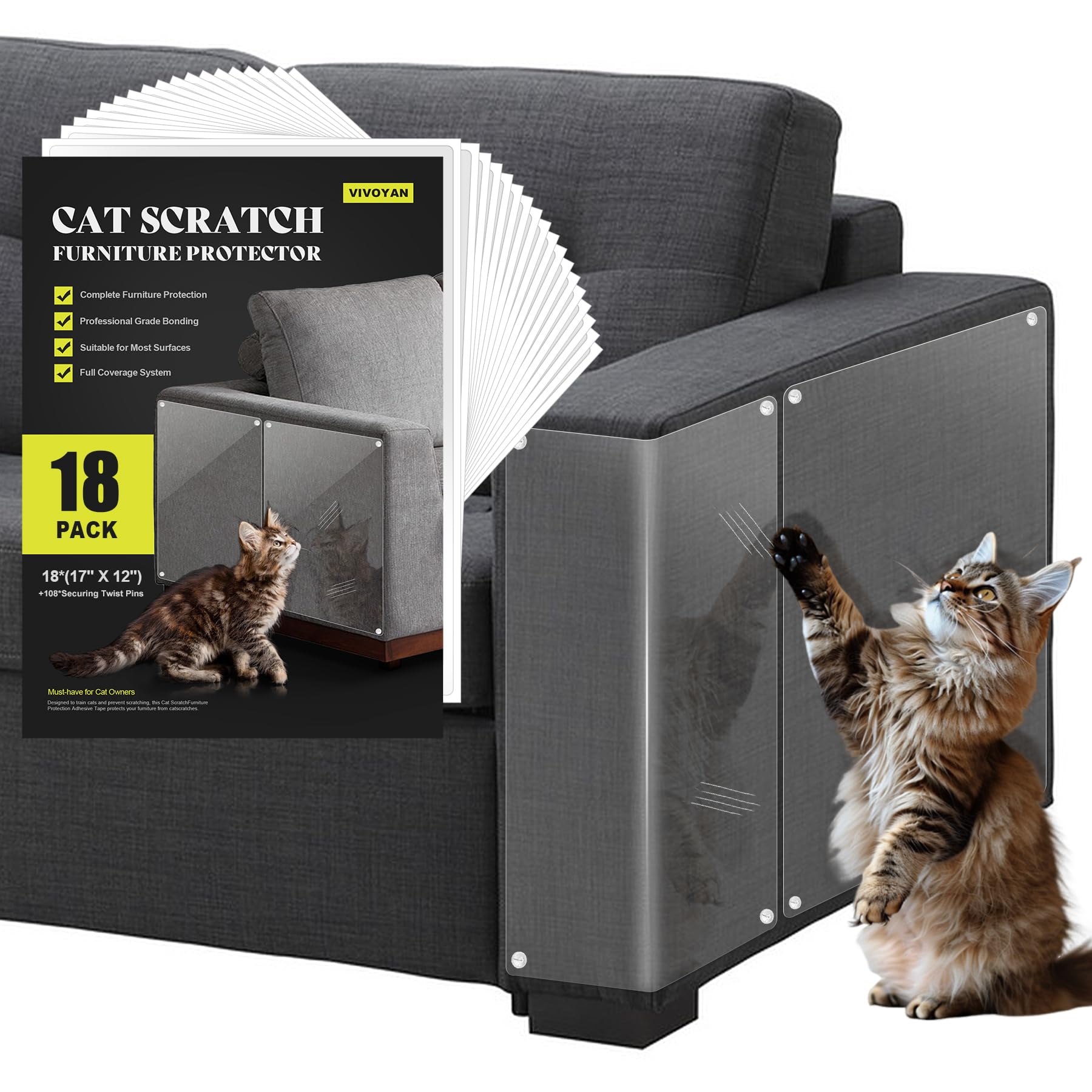 Anti Cat Scratch Furniture Protector, 18-Pack Couch Protector From Cat Claws For Sofa Corners, Walls & Doors - Heavy-Duty, Easy-