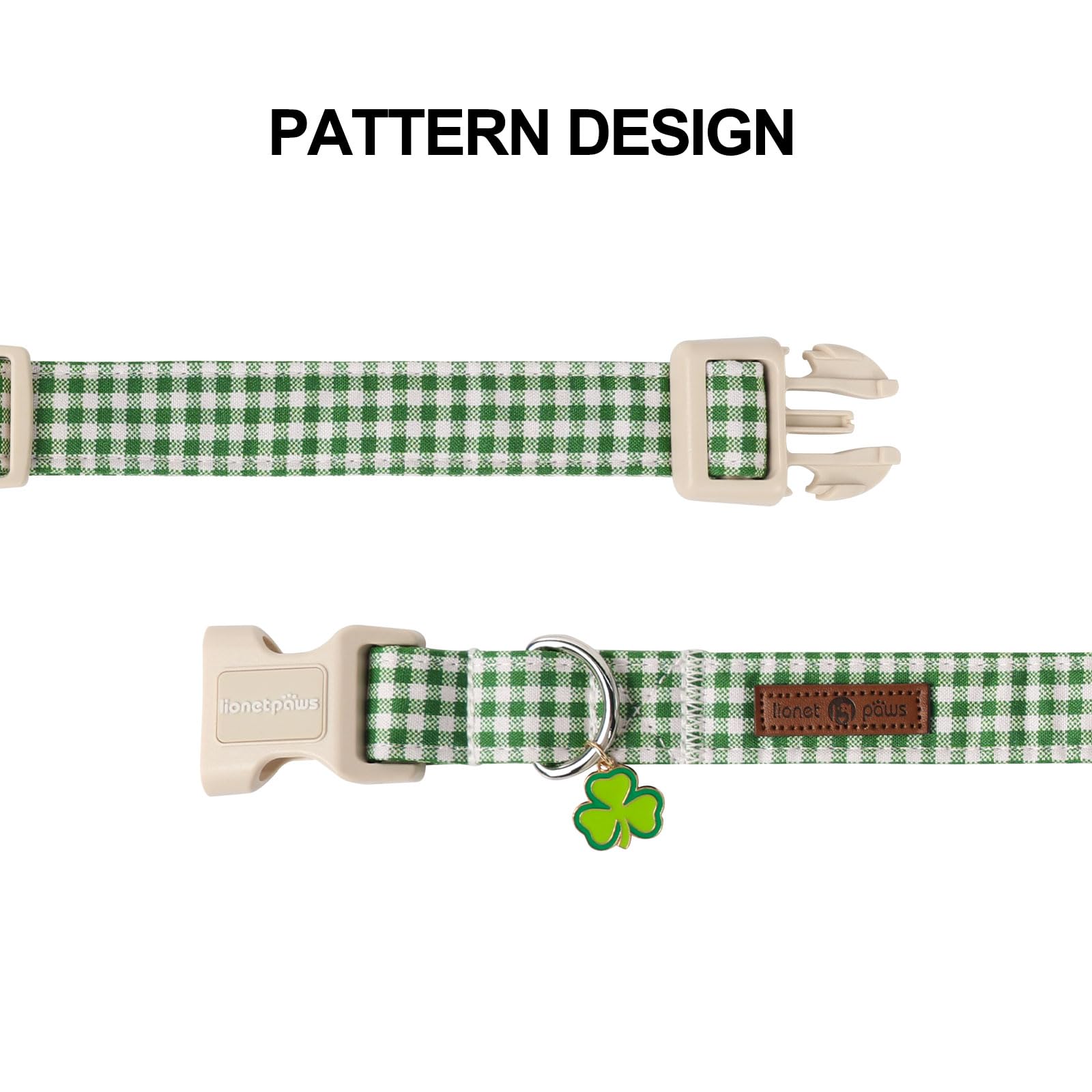 Lionet Paws St. Patrick Dog Collar, Comfortable Adjustable Green Collar With Green And White Grid Pattern For Medium Male Female