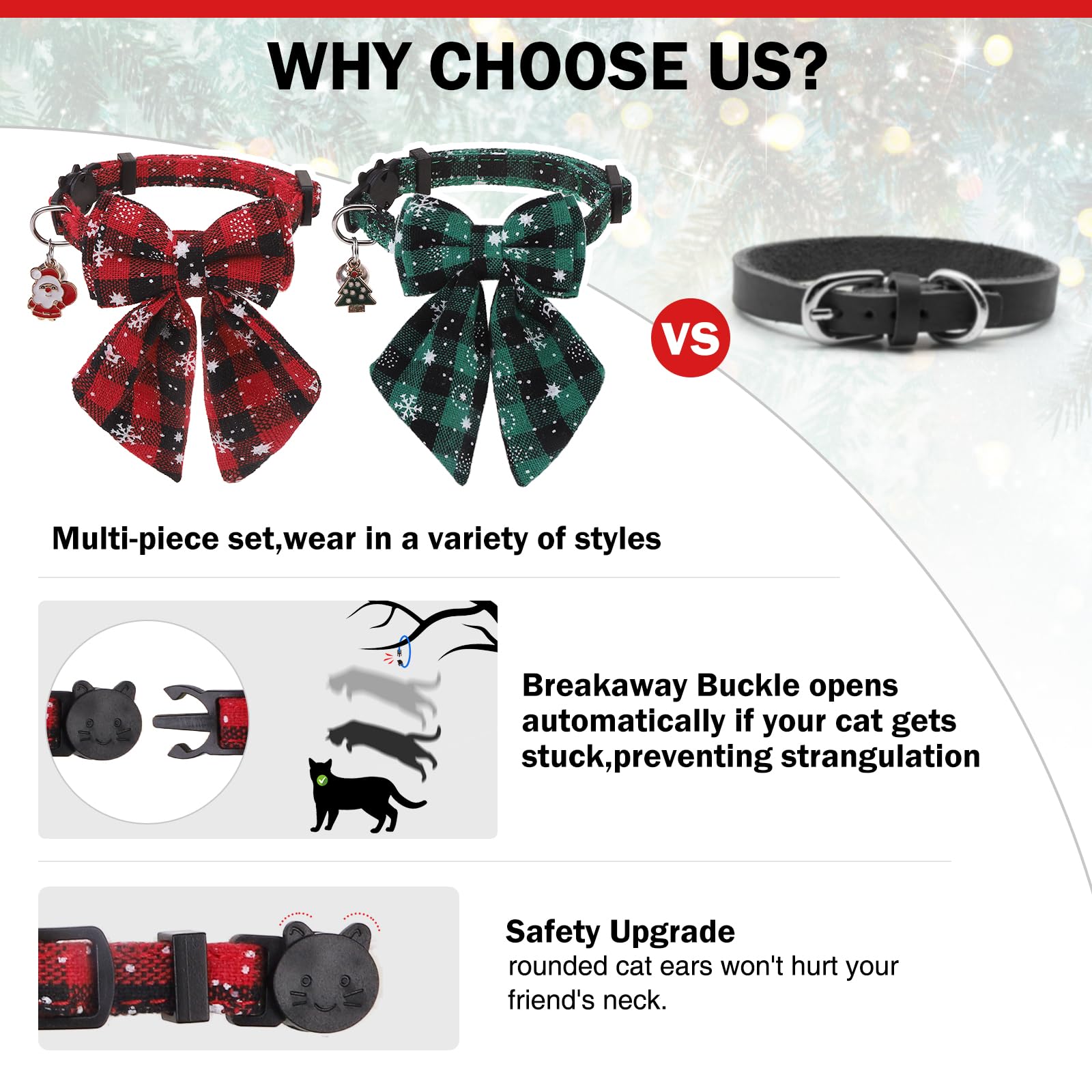 Dillybud Christmas Cat Collar With Bells & Cute Pendant - Breakaway With Removable Bow Tie For Girl Boy Cats, 2 Pack Holiday Kit