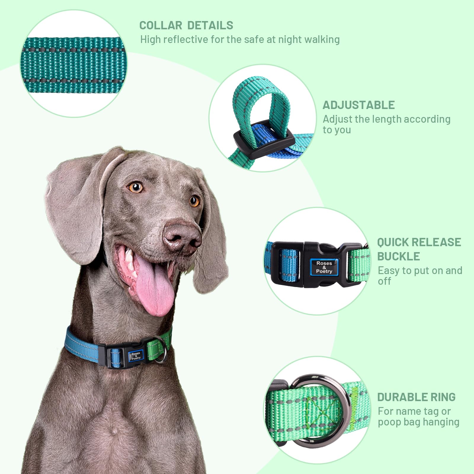 Roses&Poetry Dog Collars For Medium Dogs, Adjustable Durable Pet Collars For Small Medium Large Dogs (Bluegreen-M)