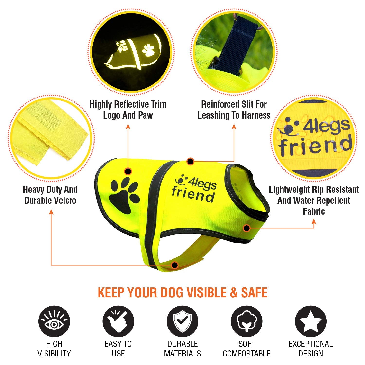 4LegsFriend Safety Reflective Vest for Dogs - High Visibility for Outdoor Activity Day and Night, Protect Your Pet from Cars & H