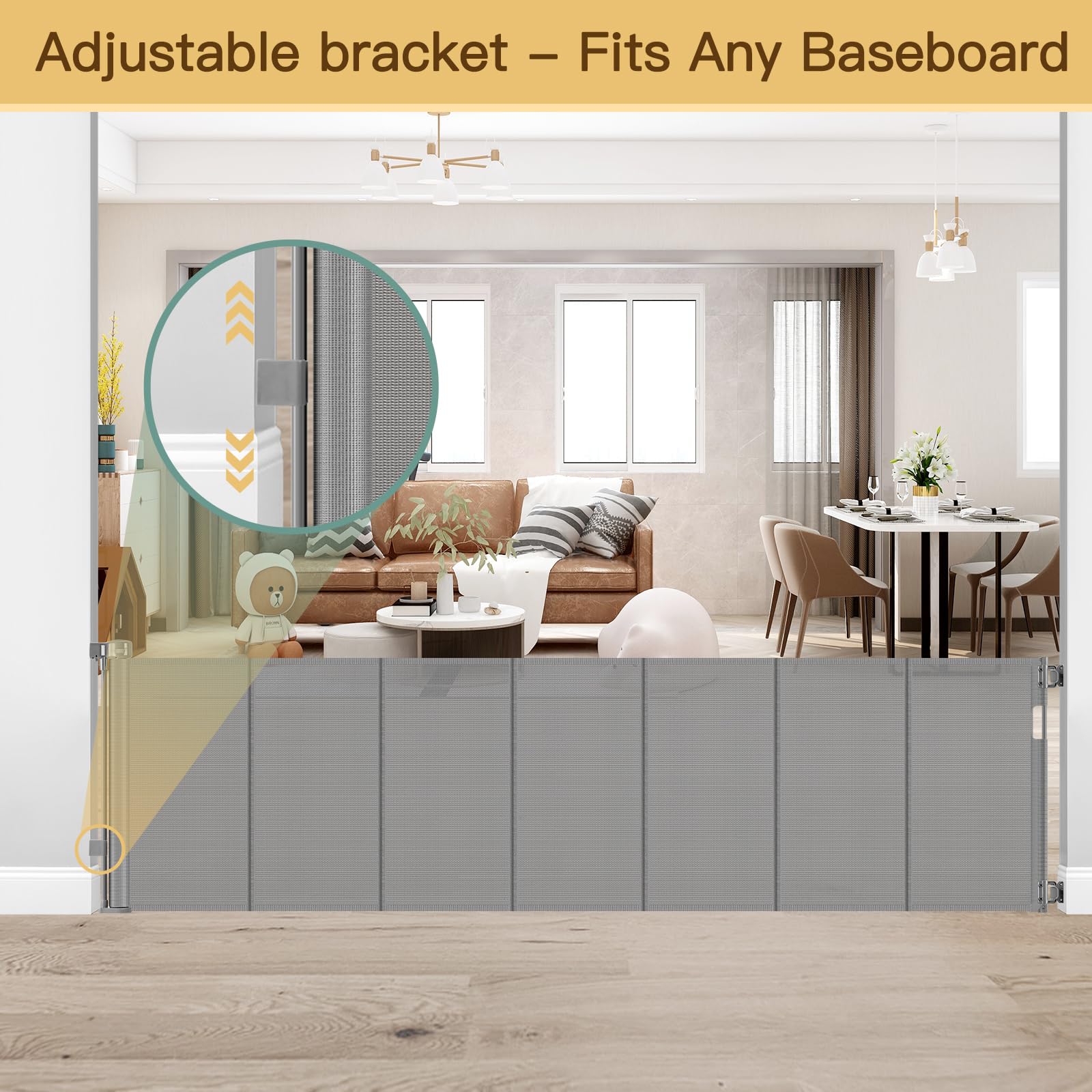 Reinforced 120 Inch Extra Wide Retractable Baby Gate with Support Rods, 33    Tall Retractable Pet Gate for Dogs, Indoor/Outdoor