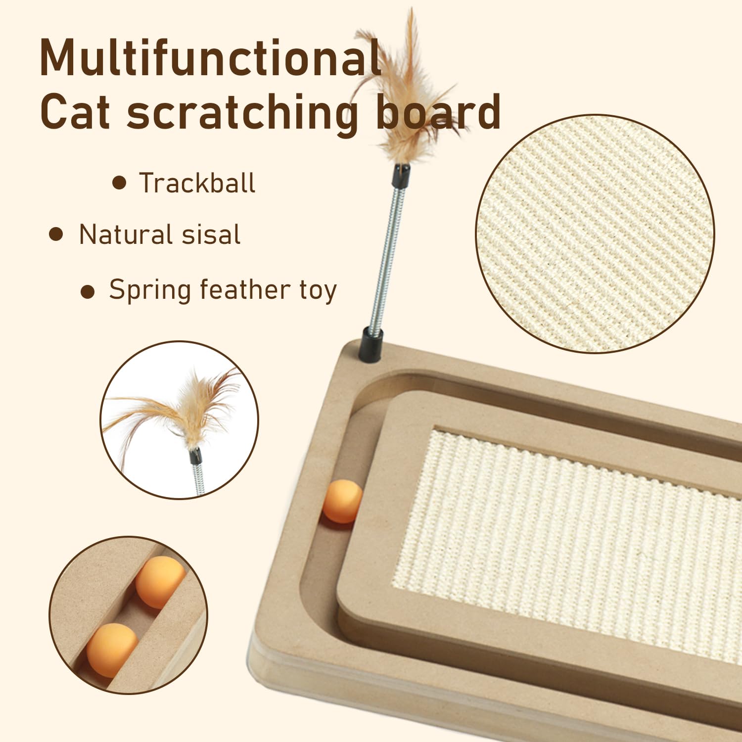 Peekab Cat Scratcher,Sisal Scratching Board With Track Ball Interactive Toy And Swing Feather Toys For Indoor Cats And Kittens,L
