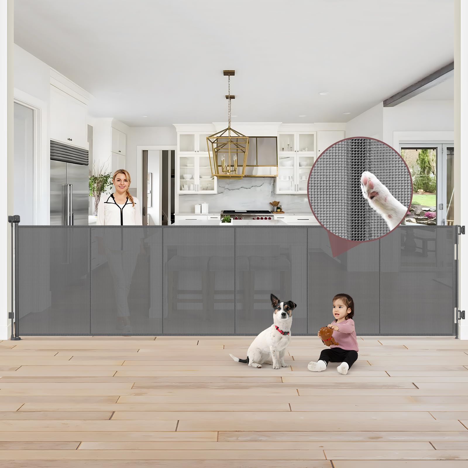 Reinforced 41'' Extra Tall Retractable Baby Gates Extra Wide Dog Gate 150'' Retractable Pet Gate with Support Rods, Indoor Mesh 