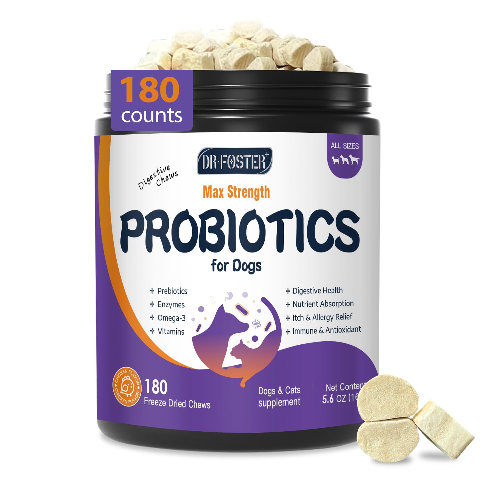 DRFOSTER Probiotics for Dogs, Freeze-Dried Dog Probiotics and Digestive Enzymes, Plus Omega-3 for Itchy Skin, Prebiotics for Dig