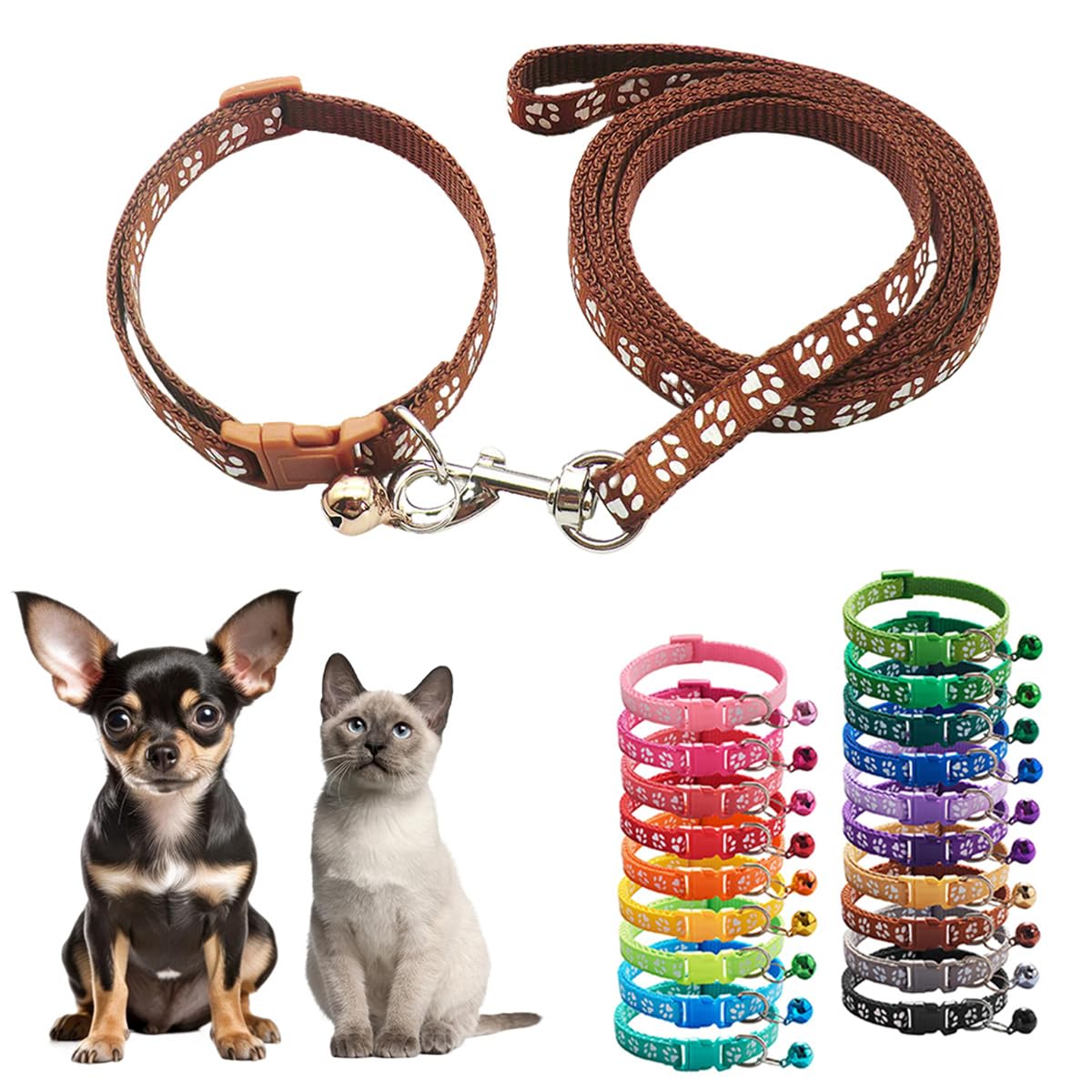Xs Dog Collar And Leash Set With Bell,Brown Nylon Paw Cat Collar Girl Female Cute Fancy Puppy Collar With Bells For Xxs Xs Tiny 