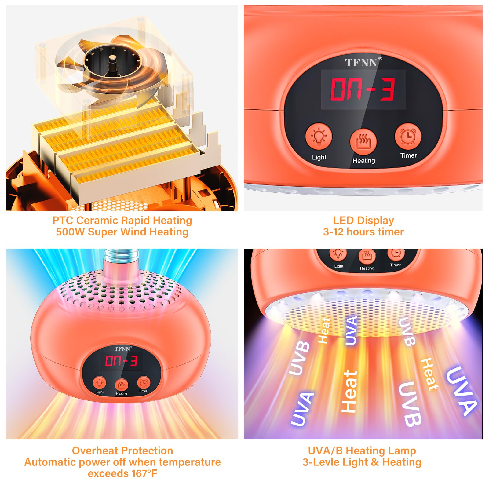 Tfnn Chicken Coop Heater Lamps,200W-350W-500W Reptile Heating Lamp Upgraded With Uva Uvb Ligh 3-6-9-12H Timer,Protable Greenhous