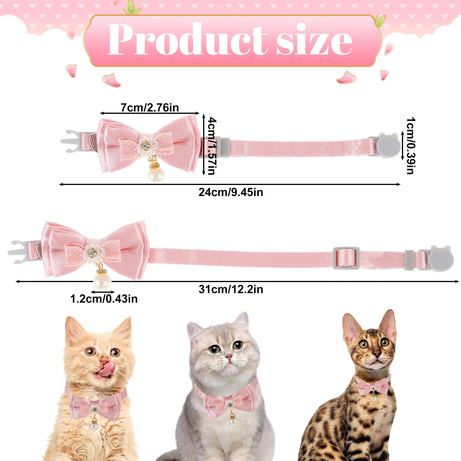 Jjunw Cat Collar Breakaway, Cat Collar With Pearl Pendant Quick Release Safe Buckle Pink Bowtie Adjustable Baby Kitten Collars C