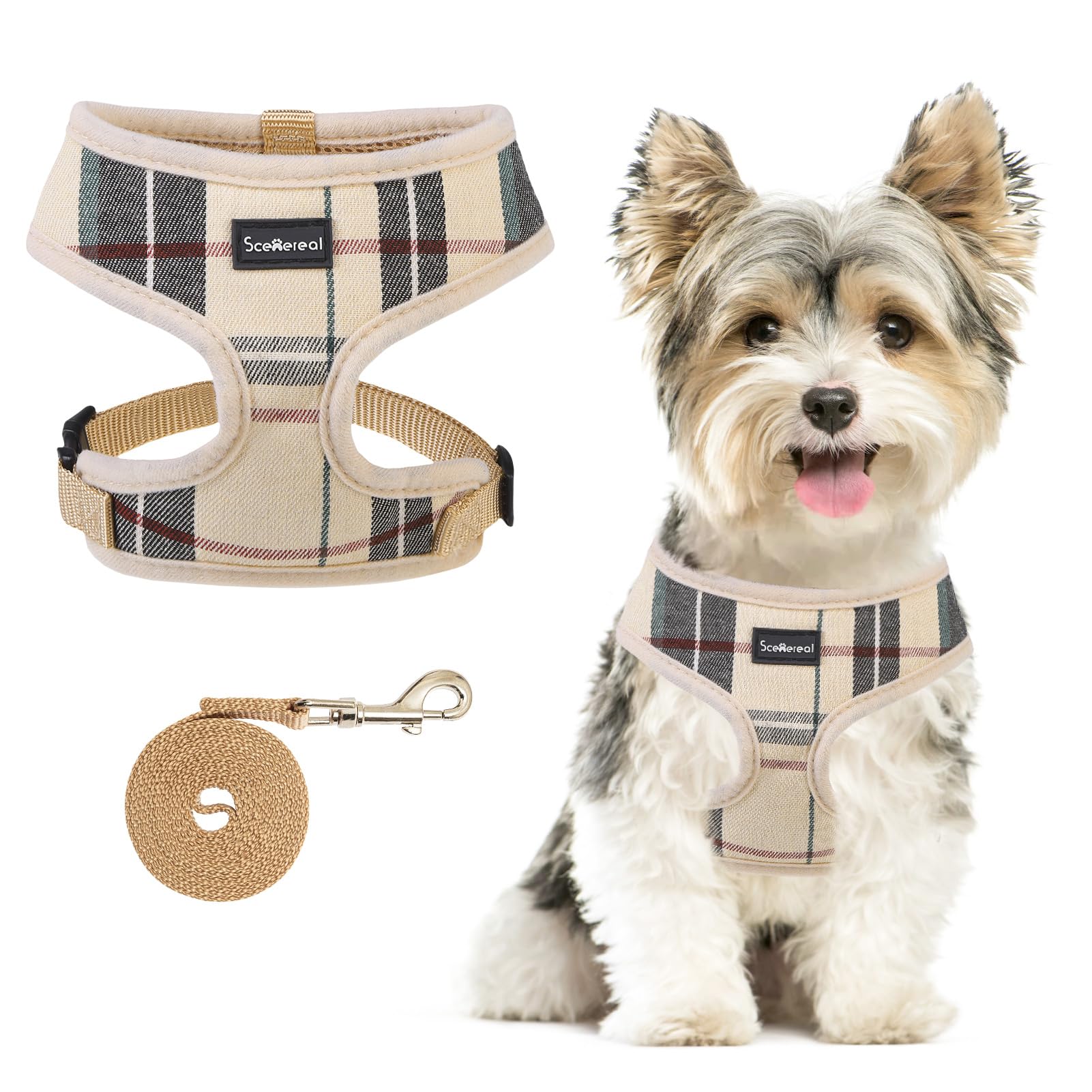 Scenereal Puppy Dog Harness With Leash Set For Small Medium Dogs, Soft Mesh Step In Pet Harnesses And Leash, No Chock Plaid Adjustible No Pull Vest
