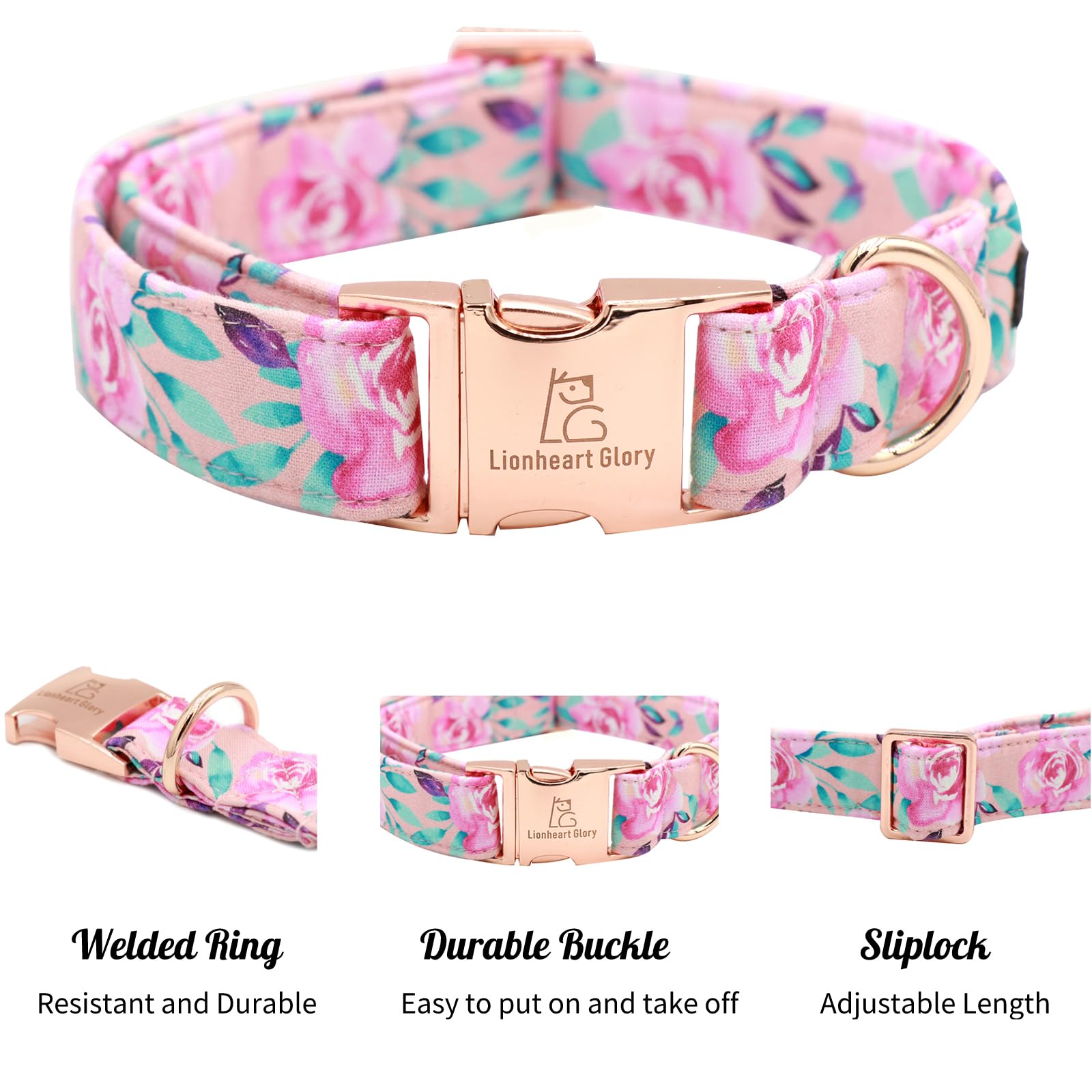 Lionheart Glory Floral Rose Print Dog Collar Cute Dog Collars Spring Adjustable Soft Dog Collar Girl Pet Collars For X-Small Sma