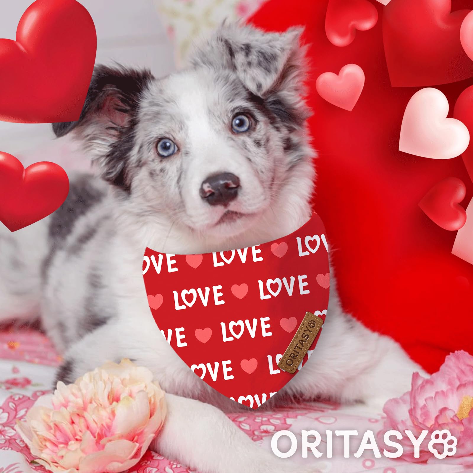 Oritasy Valentines Day Dog Bandanas, 2-Pack Triangle Reversible Love Pet Scarves, Premium Fabric Bandana (Small, Style 1)