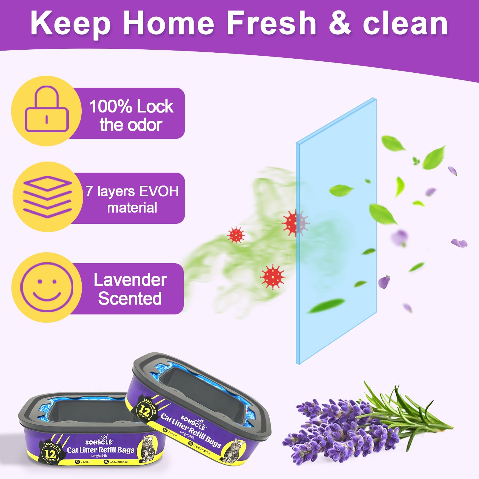 Sohbcle Cat Litter Refill Bags | 24Ft 8-Pack | Odor Control Cat Litter Bags | Compatible With Pet Genie Refills Standard,Plus,St