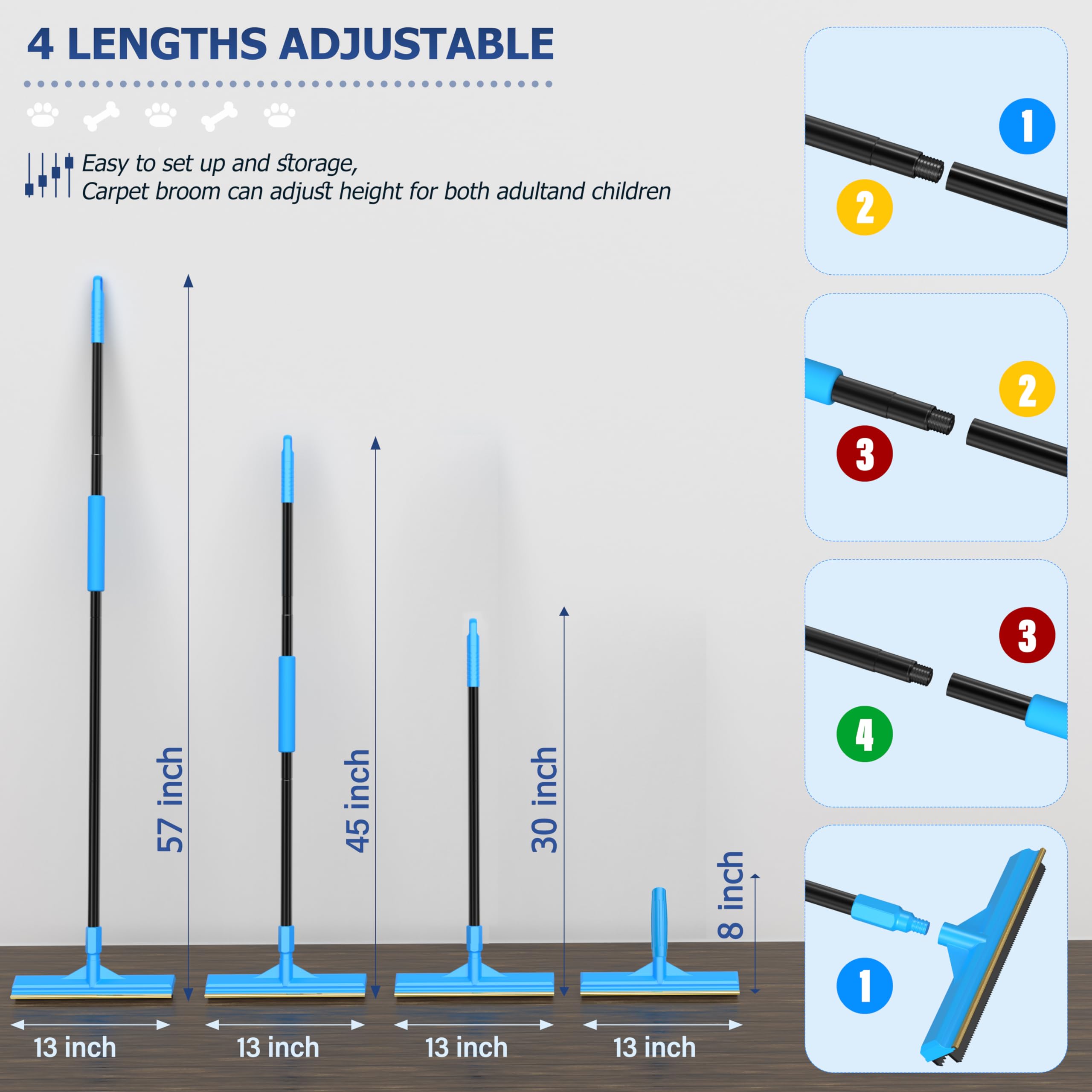 Updated Pet Hair Removal Tool, CEARKTIY Carpet Rake for Pet Hair Removal, 57 ' ' Adjustable Pet Hair Remover Broom, 2 in 1 Rubbe
