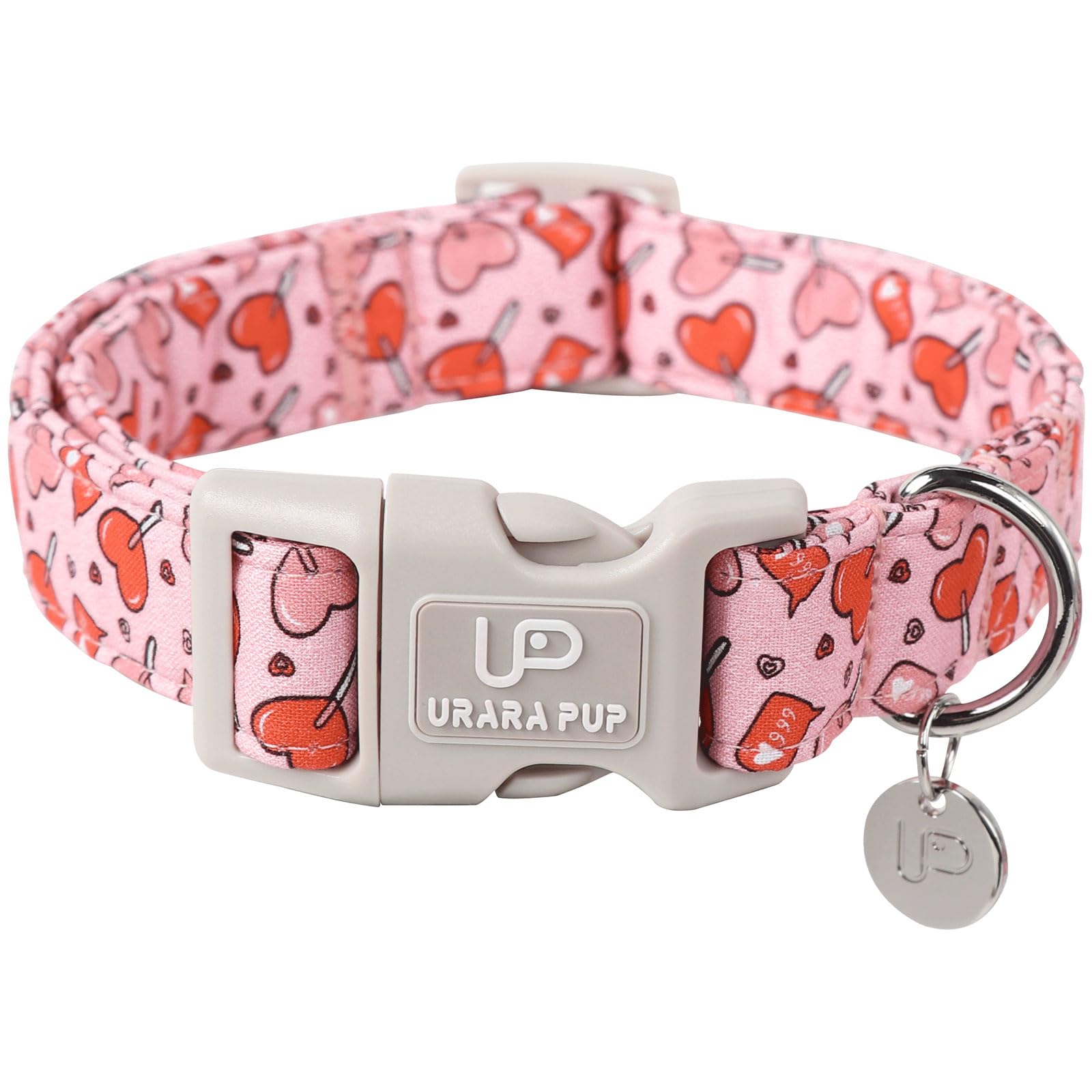 Up Urara Pup Pink Heart Dog Collar, Valentine'S Gift For Puppy, Wedding Collar, S Size, Cotton, All Breeds