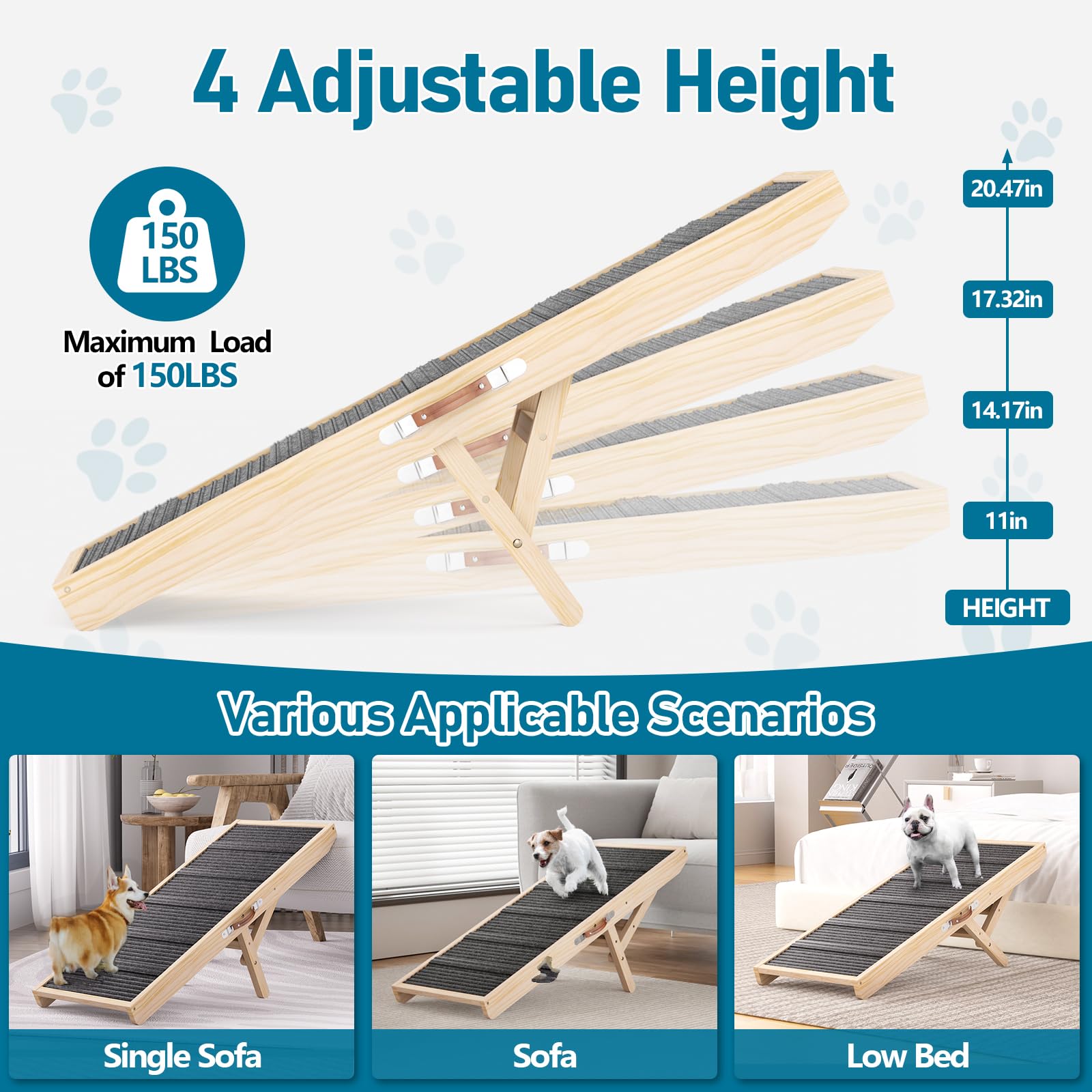 Tresbro Dog Ramp for Couch, 40 Long Dog Ramps with Adjustable 11 to 20.47 Height, Portable Dog Ramp with Anti-Slip Carpet