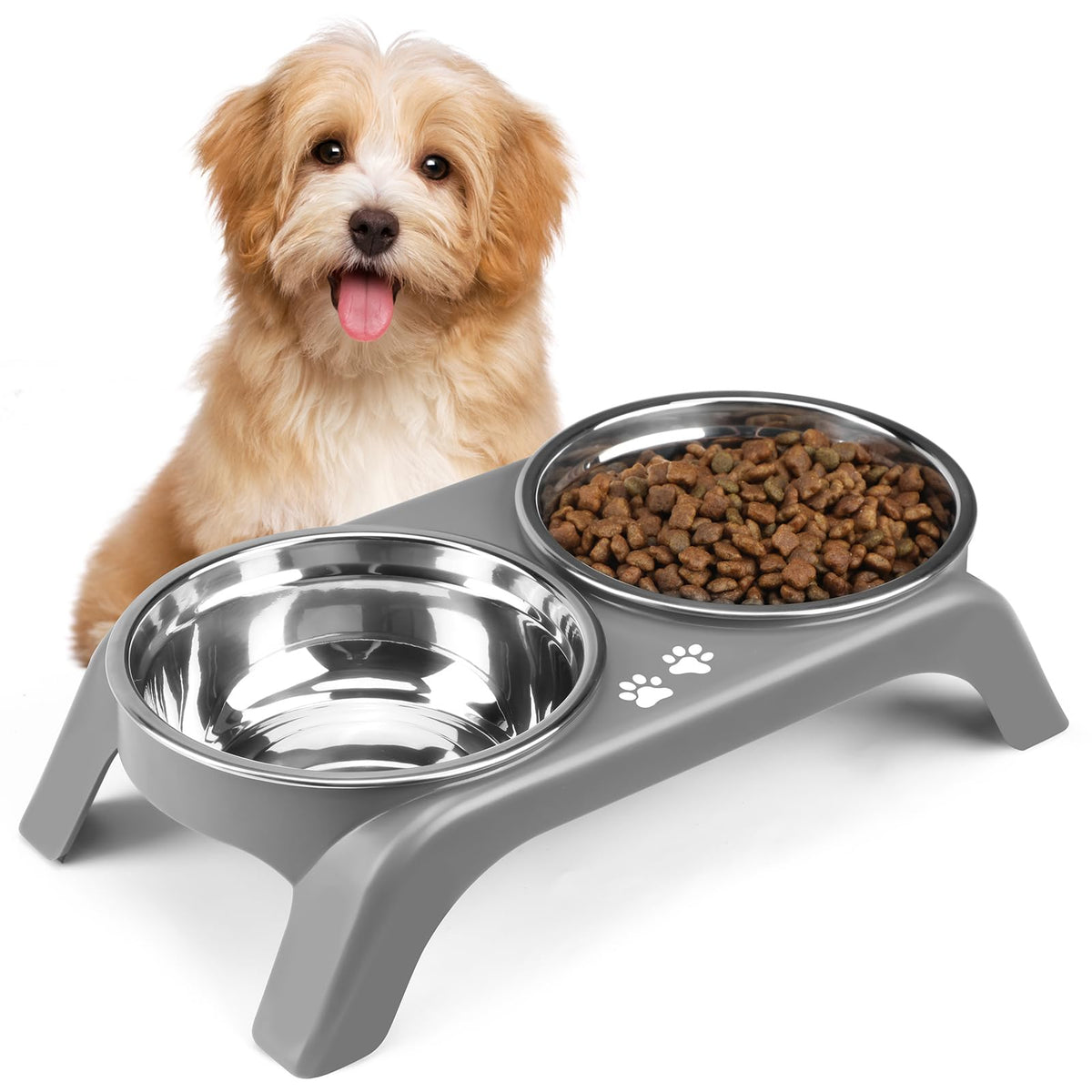 Elevated Cat Bowls - Anti-Vomiting Raised Cat Bowl Stand With 2 Thick Stainless Steel Cat Bowls Non-Slip For Small Medium Indoor Cats & Puppies, Dishwasher Safe Grey