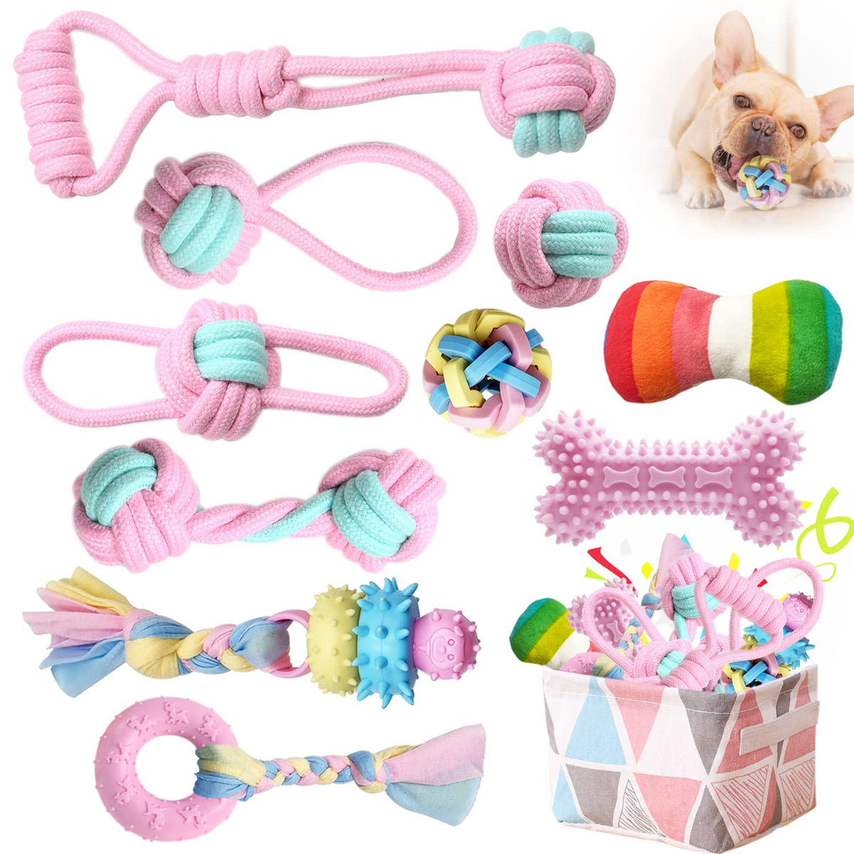 Benseao Puppy Teething Chew Toys Puppy Chew Toys For Teething Dog Rope Toy For Small Dog Interactive Puppy Toys Dog Balls Puppy Teething Toys Ring Dog Toys Storage Basket (C)