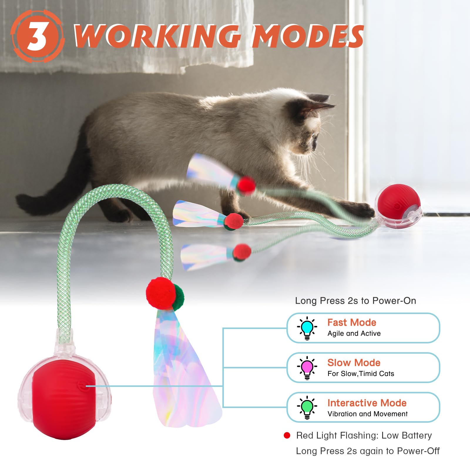 Interactive Cat Toys for Indoor Cats, Speedy Tail 2.0 Cat Toy, Smart Moving Ball Toys for Kitten Adult Cats with 2 Pcs Elastic M