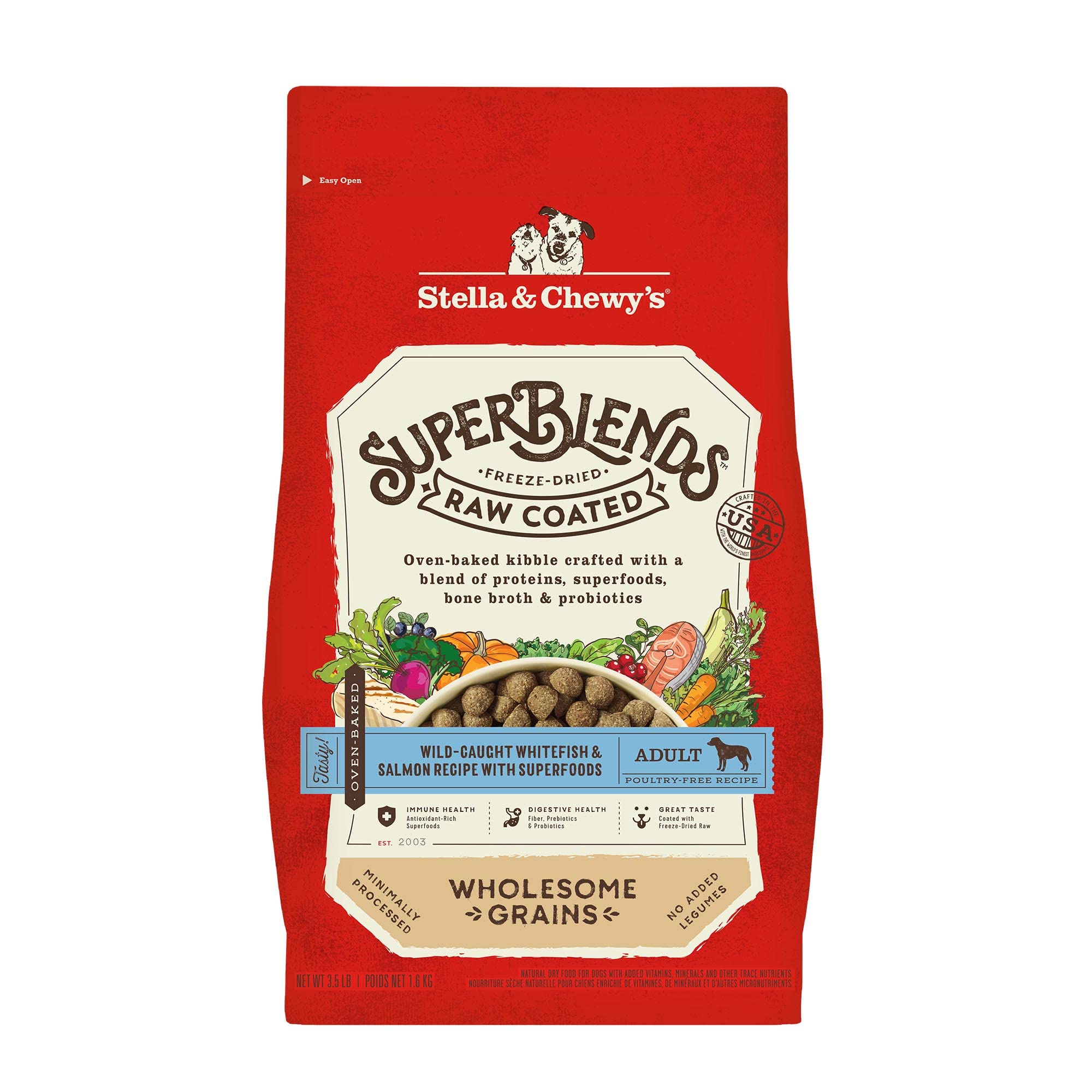 Stella & Chewys SuperBlends Raw Coated Wholesome Grains Wild-Caught Whitefish & Salmon Recipe with Superfoods, 3.5 lb. Bag