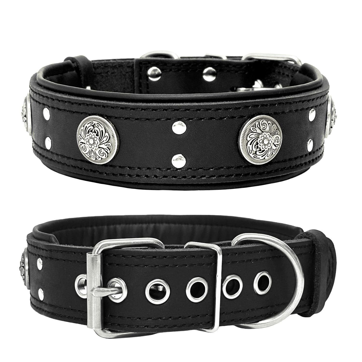 Guiding Star Leather Dog Collar, Heavy Duty 2 Inches Wide, Thick, Luxury Studded, Black, 19.5-23.5 Inches, Medium And Large Dogs