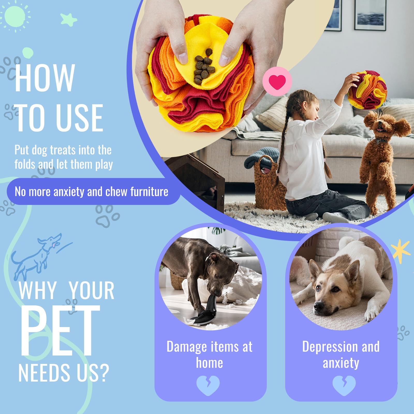 Larimuer Pet Snuffle Ball, Puzzle Sniffing Interactive Dog Toy For Blind Dogs, Stress Relief Dog Enrichment Treat Ball, Machine