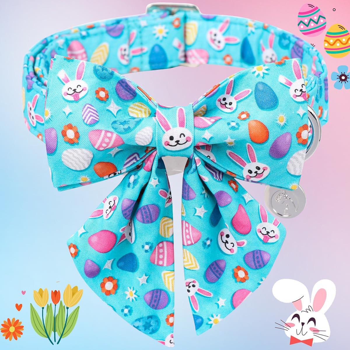 Dogwong Cotton Easter Dog Collar With Bowtie, Soft Adjustable Blue Rabbit Easter Day Dog Collar Cute Egg Puppy Collar For Small