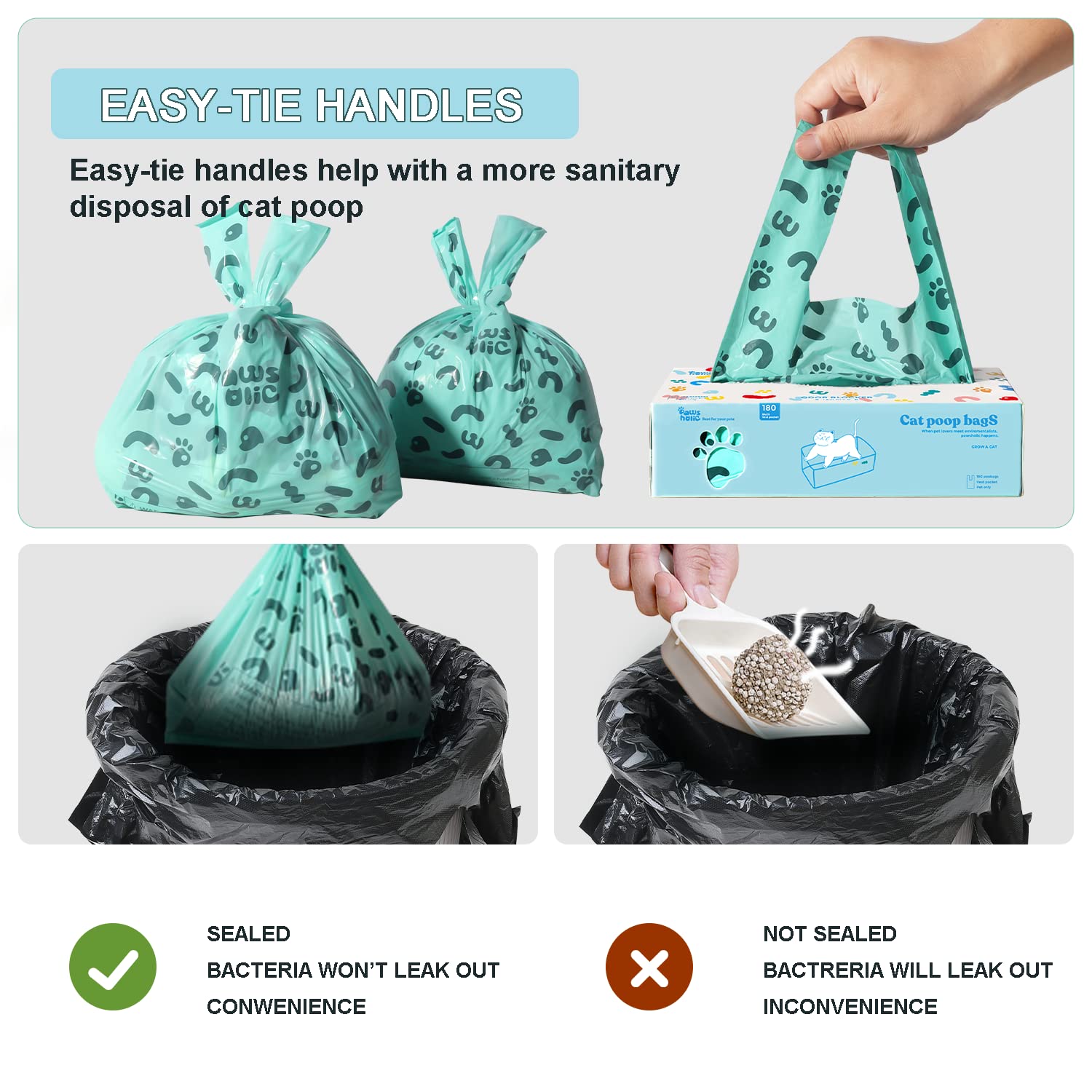 Cat Poop Bags - Pawsholic Cat Litter Bags With Handle,Cornstarch Based Leak Proof Disposal Eco Friendly Poop Pick Up Bag (360Pcs