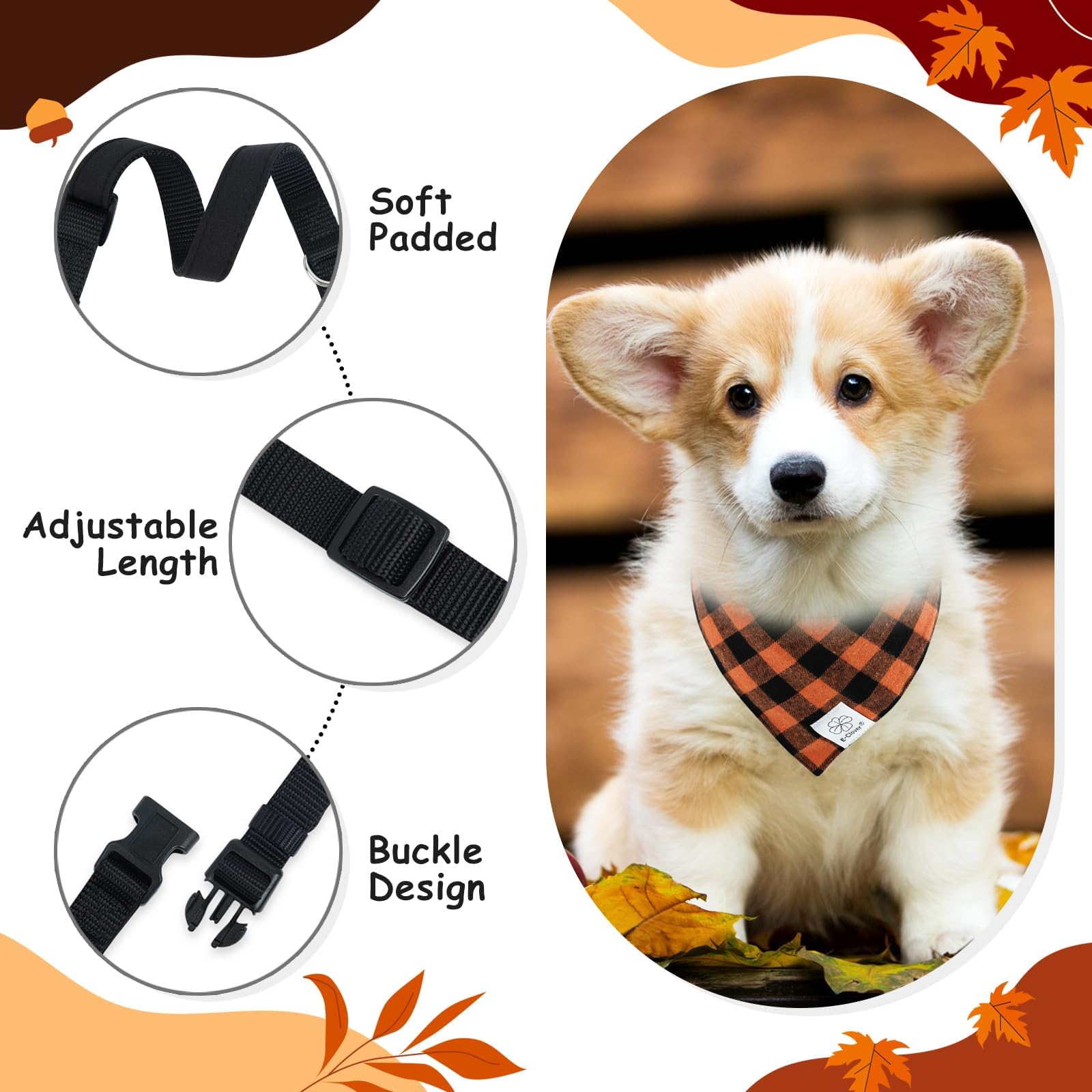 E-Clover Fall Dog Collar-Plaid Dog Collar Bandana & Matching Scrunchie Adjustable Dog Collars For Small Medium Dogs Cats Owner G