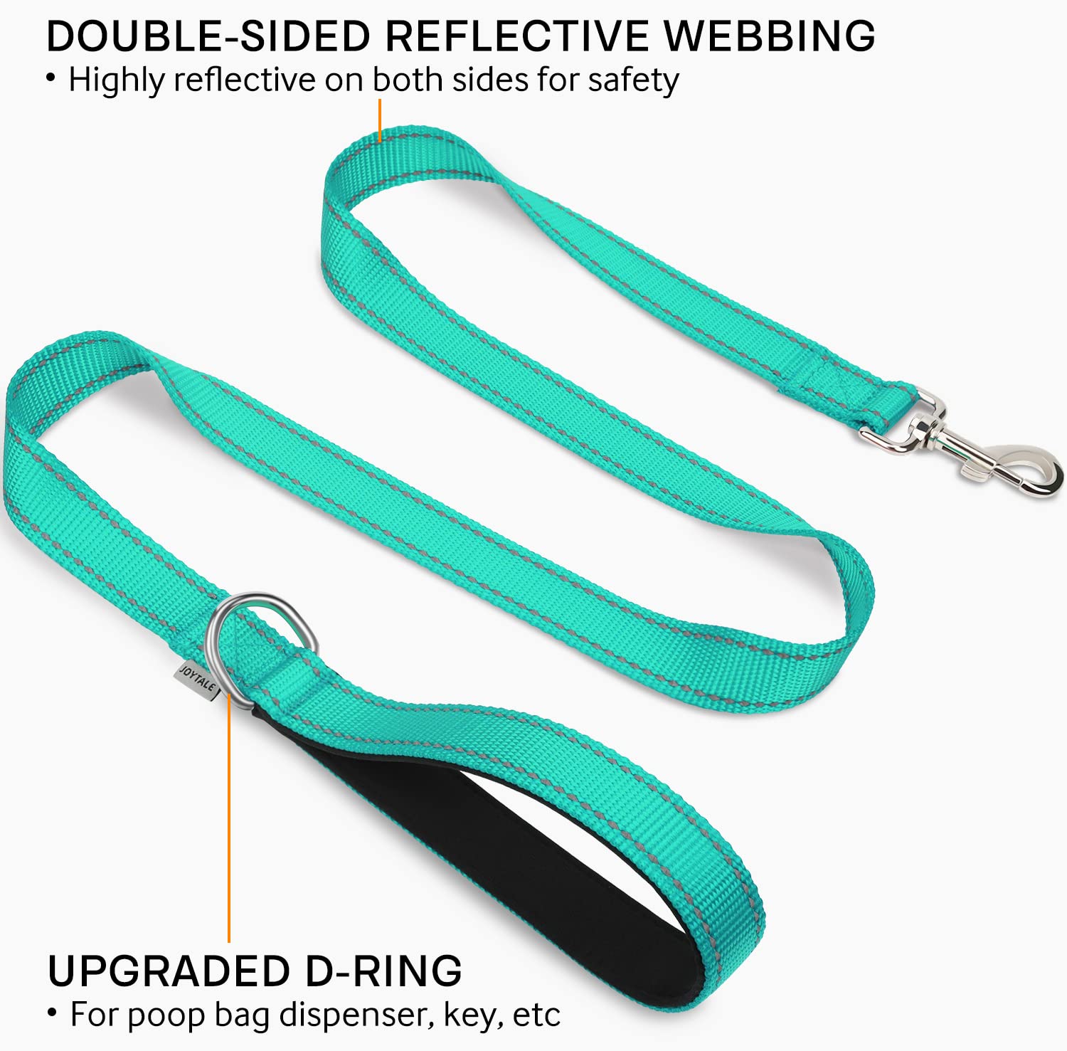 Joytale Double-Sided Reflective Dog Leash, 6 Ft/5 Ft/4 Ft, Padded Handle Nylon Dogs Leashes For Small & Medium Dogs Walking, Teal, 5Ft