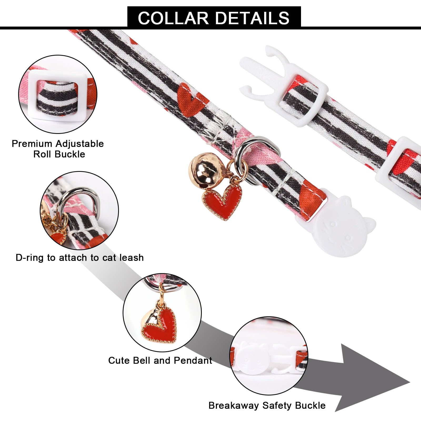 Lionet Paws 2Pcs Pack Valentine'S Day Cotton Cat Collar,Breakaway Buckle With Black Stripe Pink Heart Cute Adjustable Cat Kitten