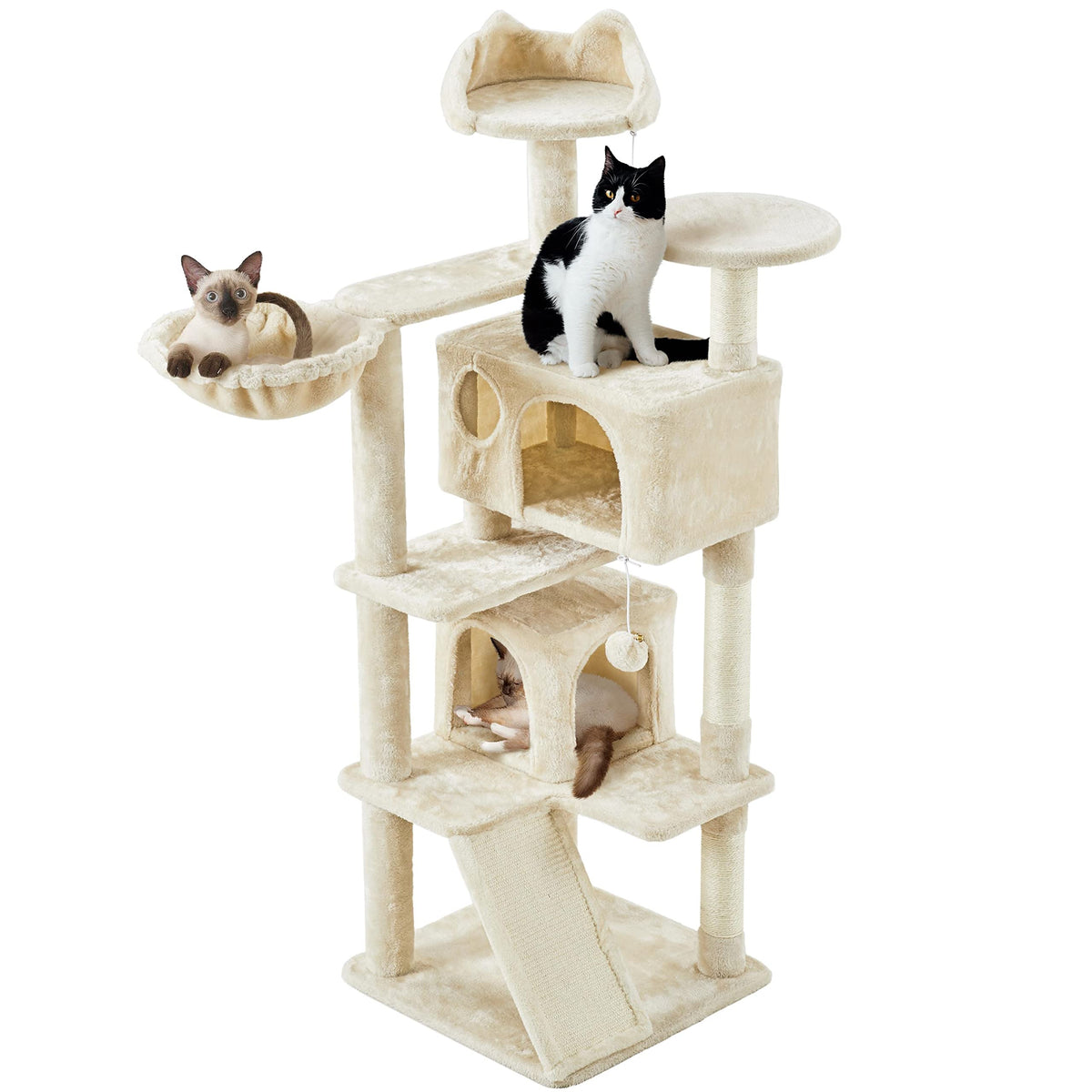 Yaheetech 57 Inches Cat Tree For Indoor Cats, Multi-Level Cat Tower W/ 3 Padded Perches, 2 Cat Condos, 2 Hanging Balls And Scratching Posts, Beige