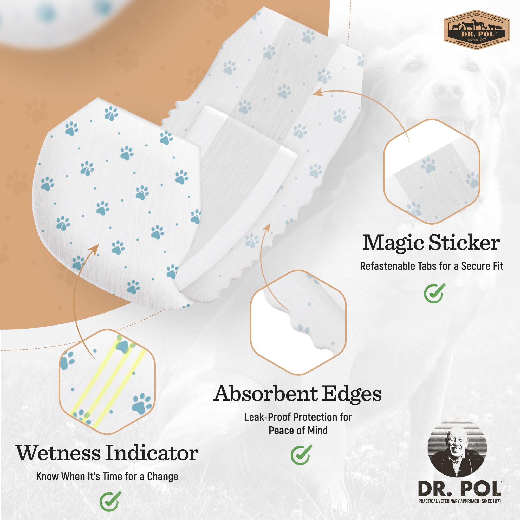 Dr. Pol Male Dog Diapers - Super Absorbent, Breathable, Leak-Proof With Wetness Indicator, Small, 50 Count