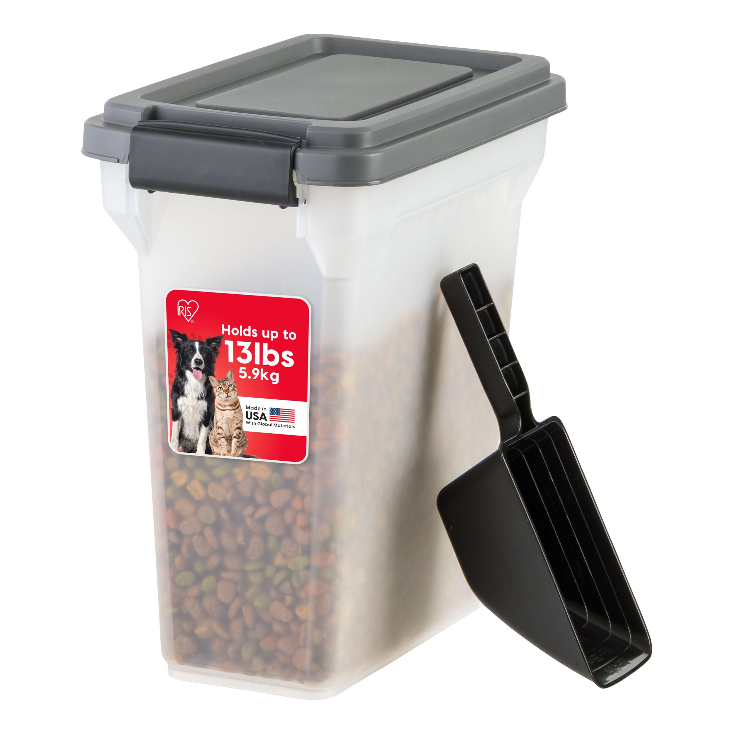 IRIS USA Dog Food Storage Container, Airtight Lid, 2-Cup Scoop, Up to 13 Pounds Pet Food Storage, Versatile Pet Food Bin, Treats